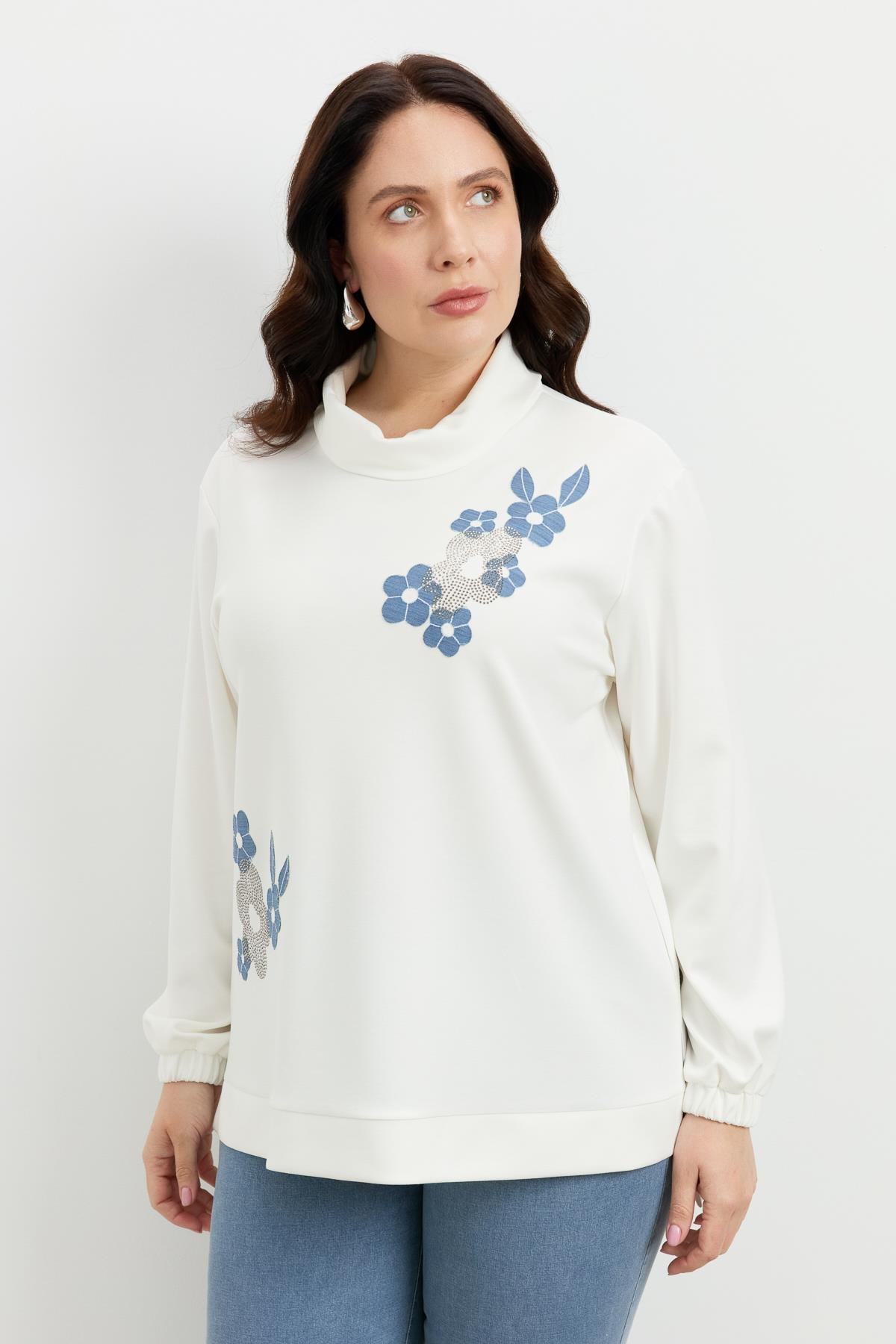 Büyük Beden Degaje Yaka Sweatshirt-EKRU