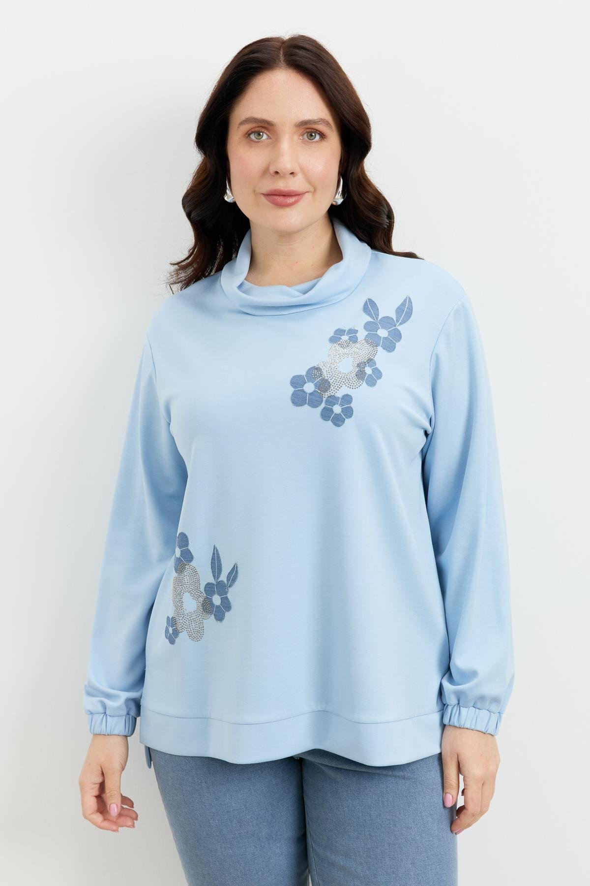 Büyük Beden Degaje Yaka Sweatshirt-MAVİ