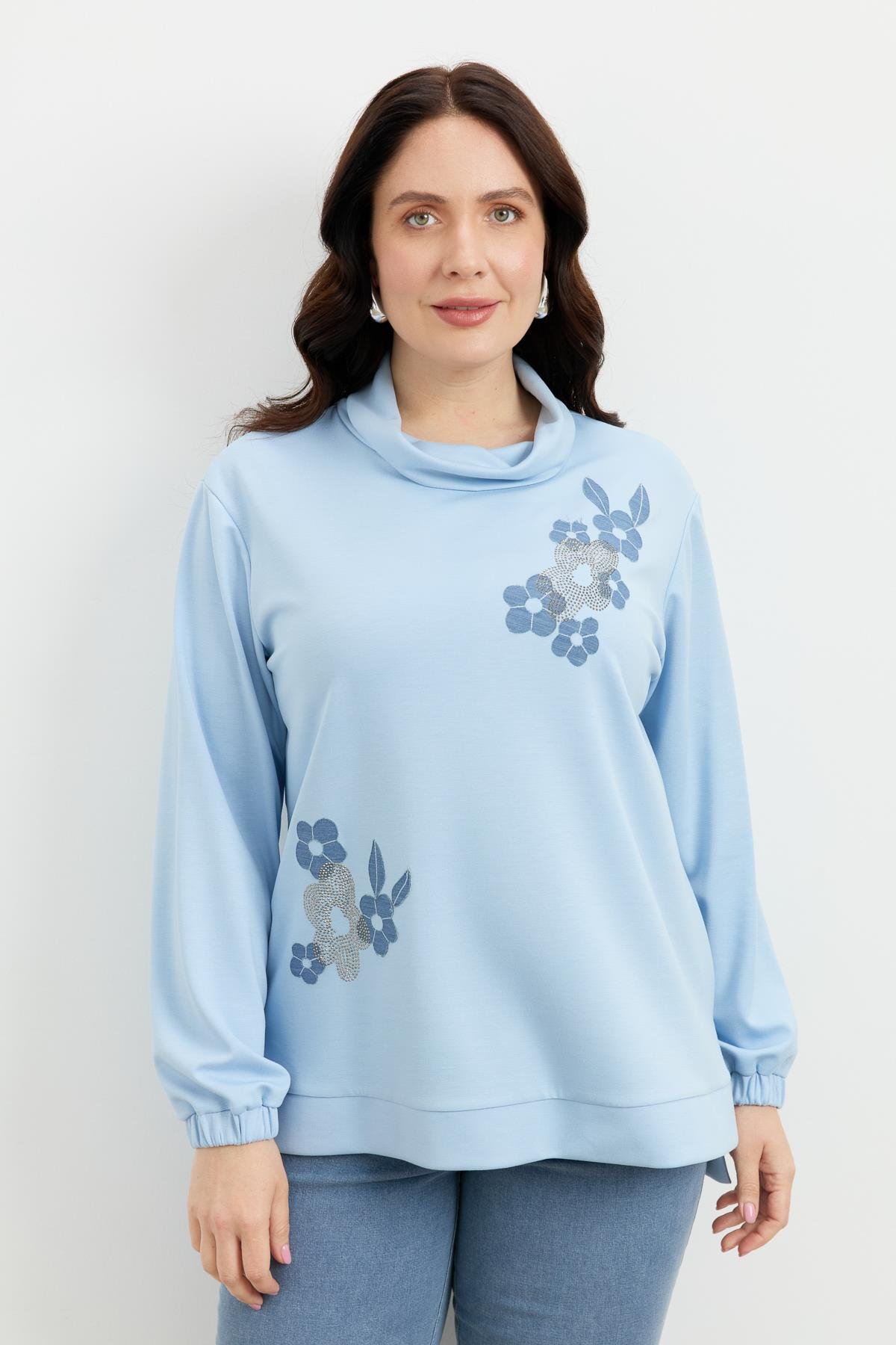 Büyük Beden Degaje Yaka Sweatshirt-MAVİ