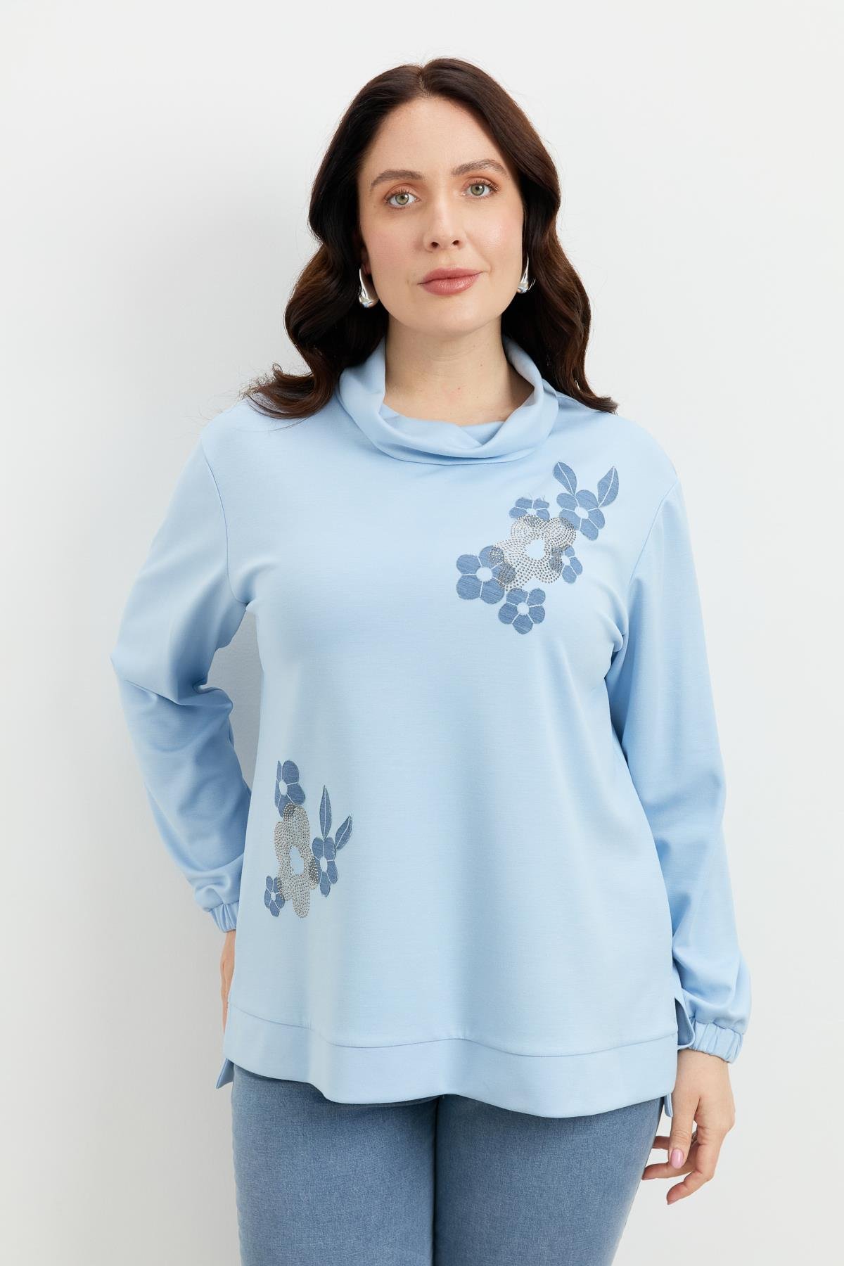 Büyük Beden Degaje Yaka Sweatshirt-MAVİ