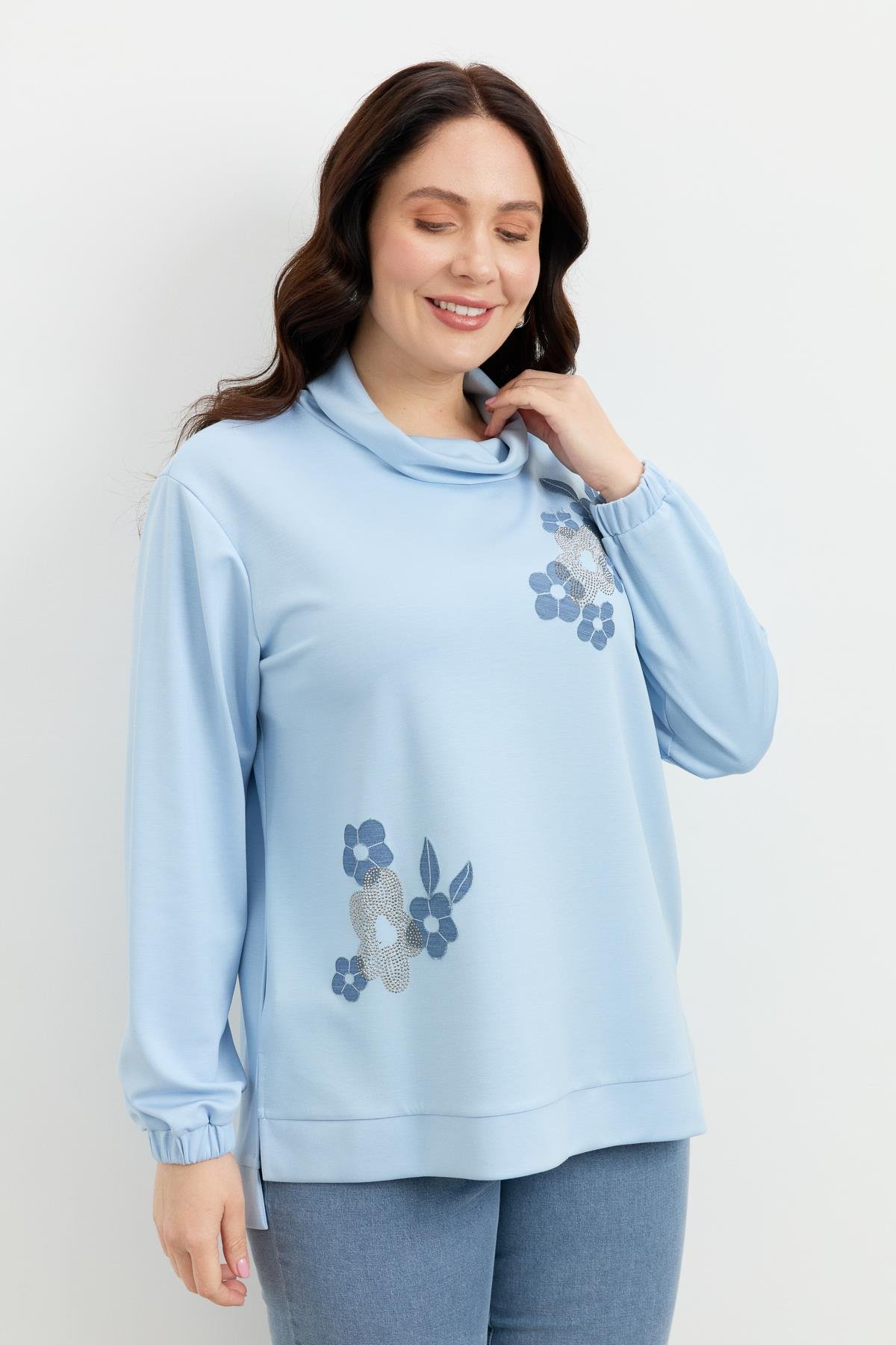 Büyük Beden Degaje Yaka Sweatshirt-MAVİ