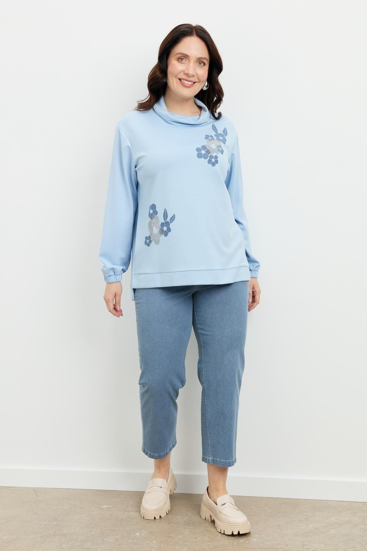 Büyük Beden Degaje Yaka Sweatshirt-MAVİ