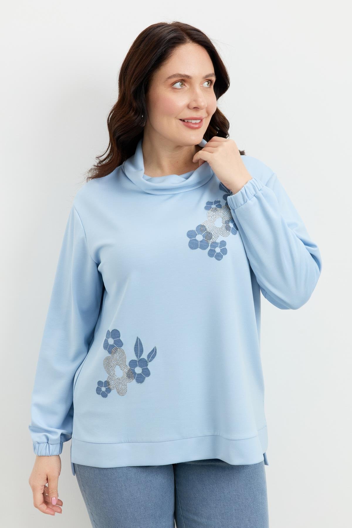 Büyük Beden Degaje Yaka Sweatshirt-MAVİ