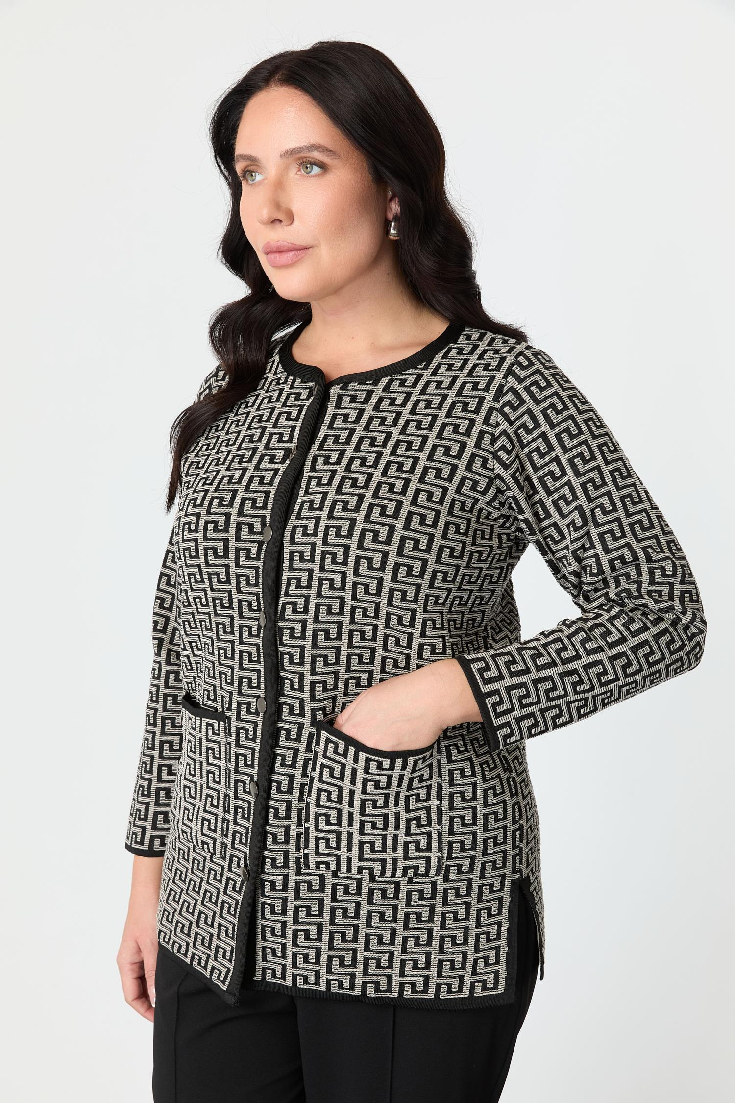 Büyük Beden Desenli Cep Detay Triko Hırka-SİYAH