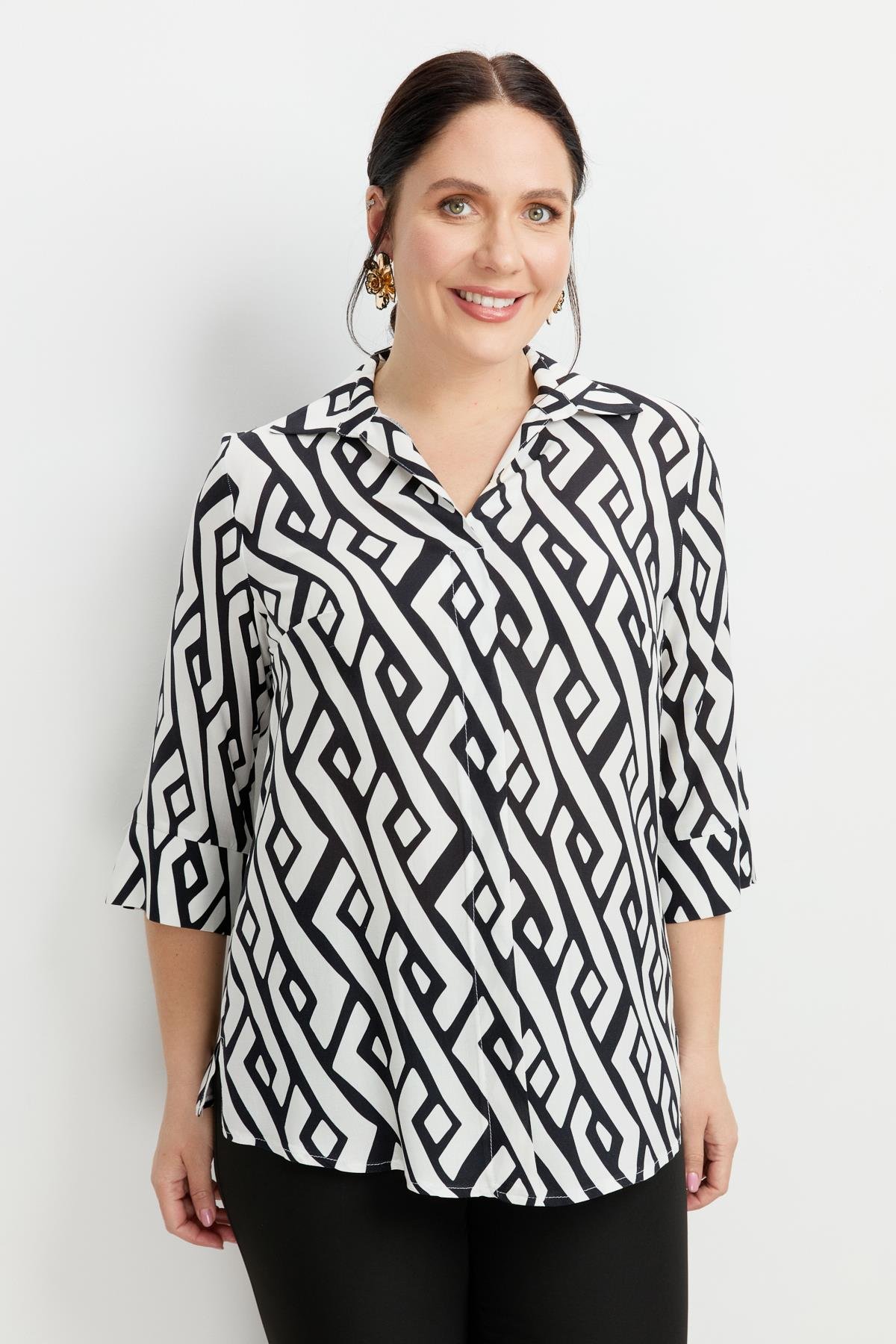 Büyük Beden Desenli Gömlek-SİYAH