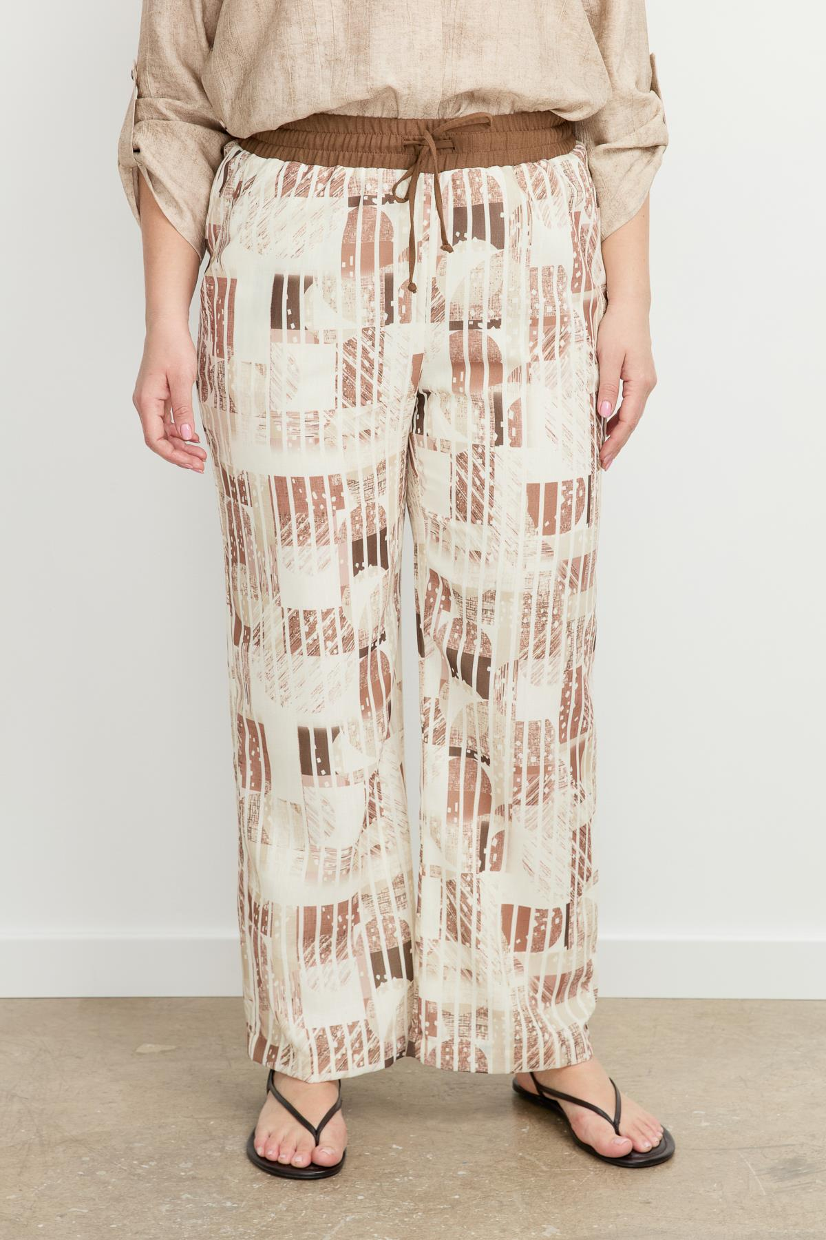 Büyük Beden Desenli Keten Pantolon-KAHVE