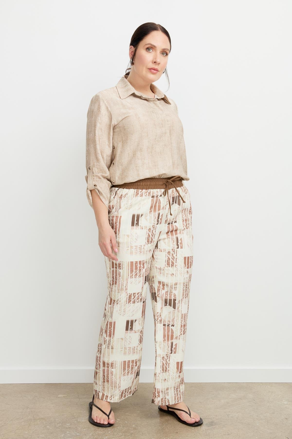 Büyük Beden Desenli Keten Pantolon-KAHVE