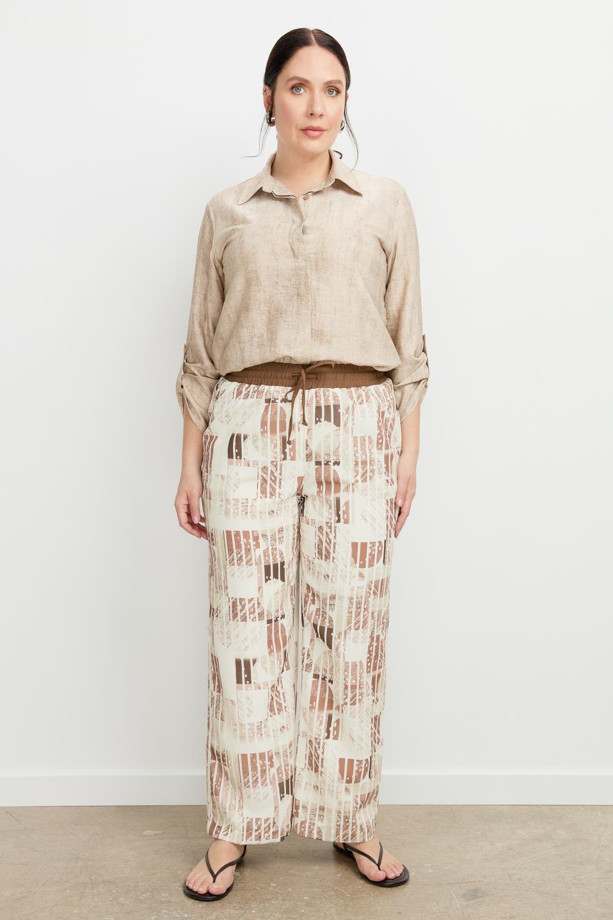 Büyük Beden Desenli Keten Pantolon-KAHVE