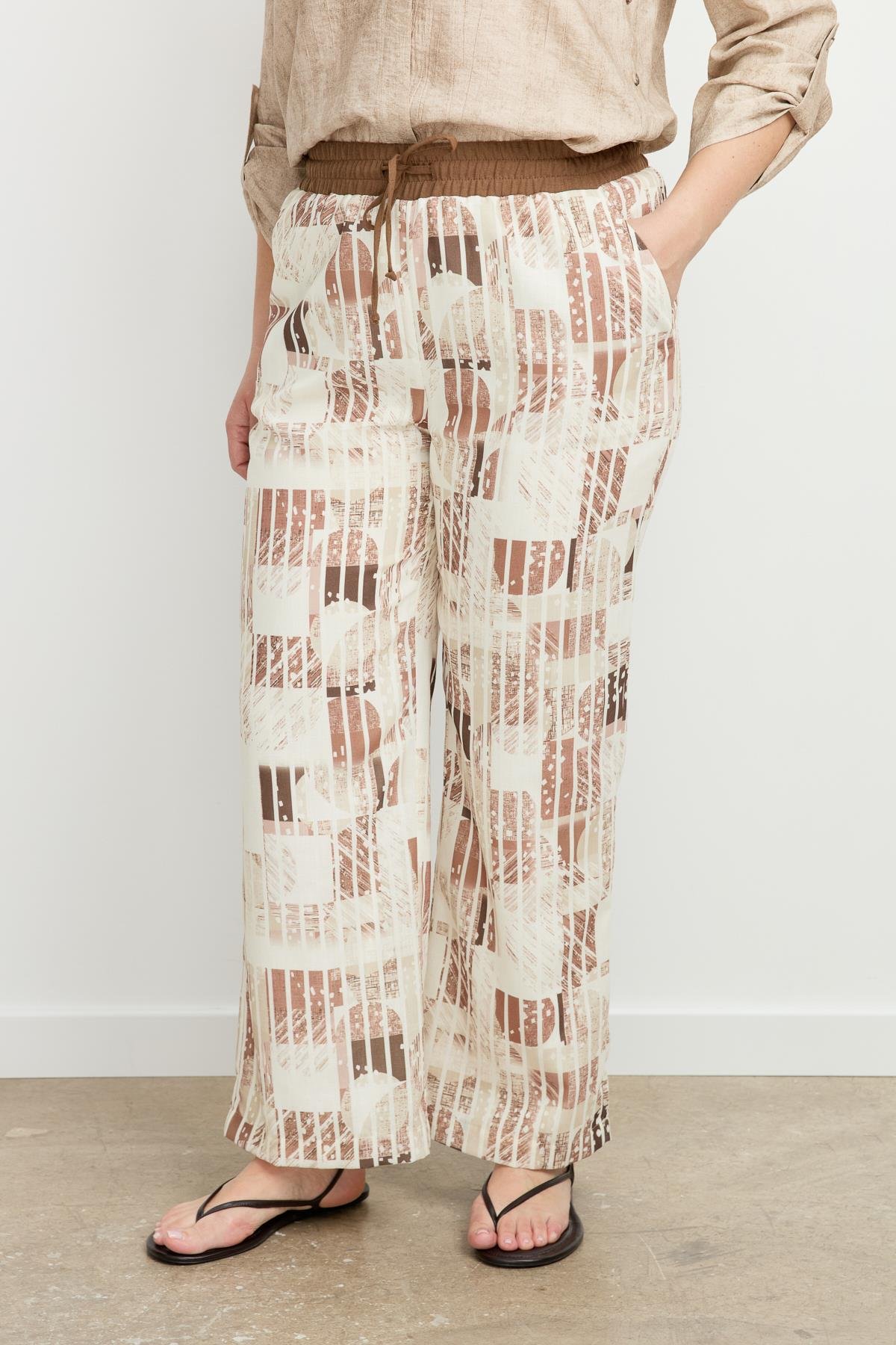 Büyük Beden Desenli Keten Pantolon-KAHVE