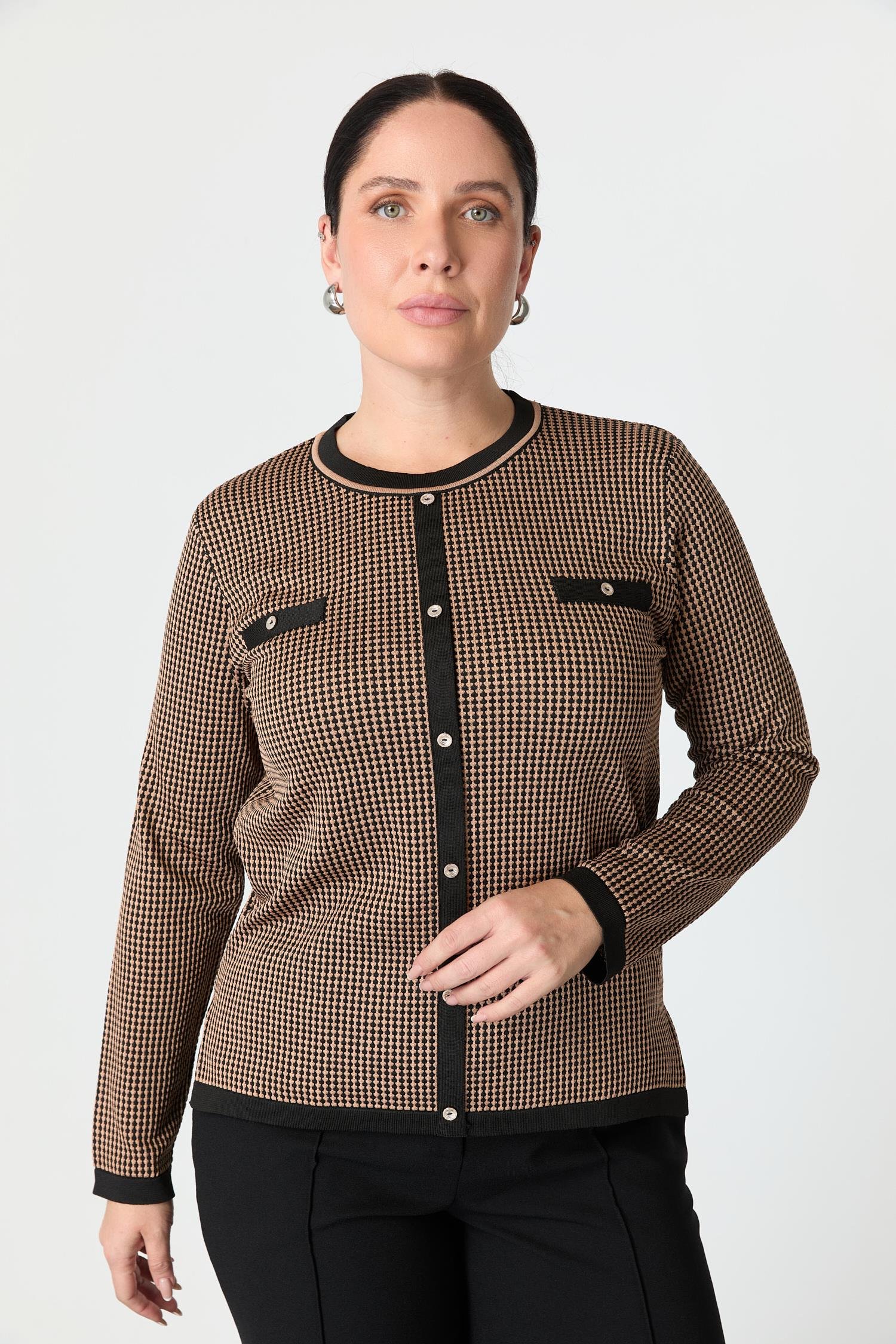 Büyük Beden Desenli Triko Kazak-SİYAH/VİZON