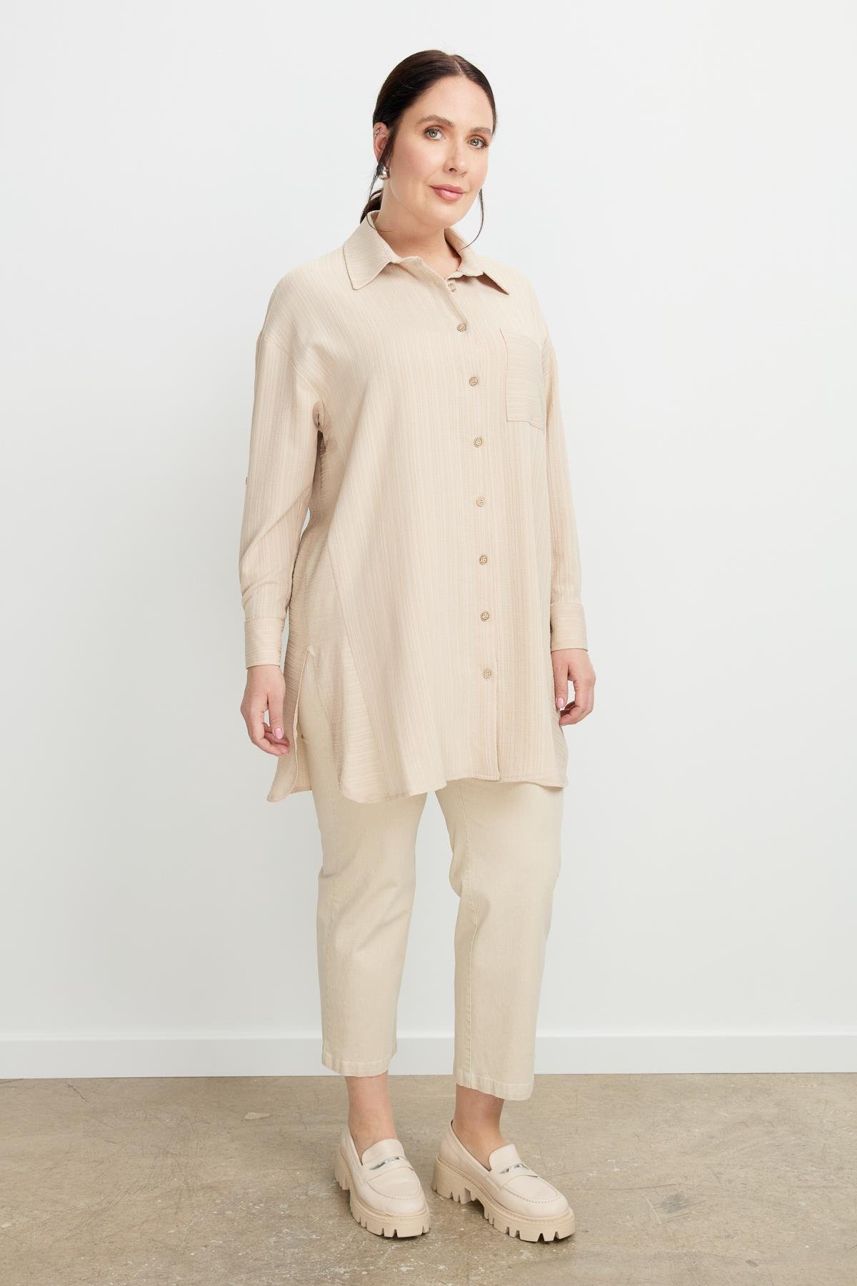 Büyük Beden Dokulu Tunik Gömlek-BEJ