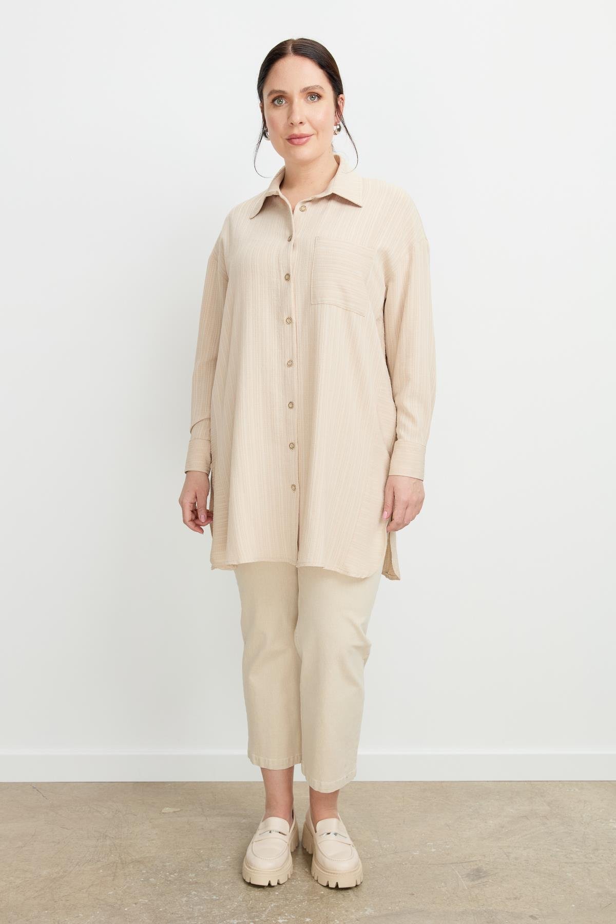 Büyük Beden Dokulu Tunik Gömlek-BEJ