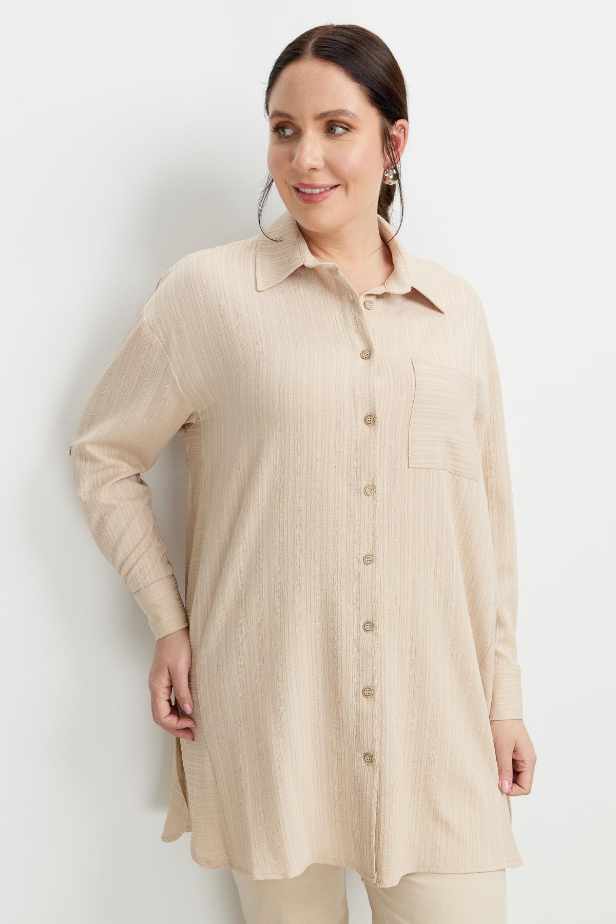 Büyük Beden Dokulu Tunik Gömlek-BEJ