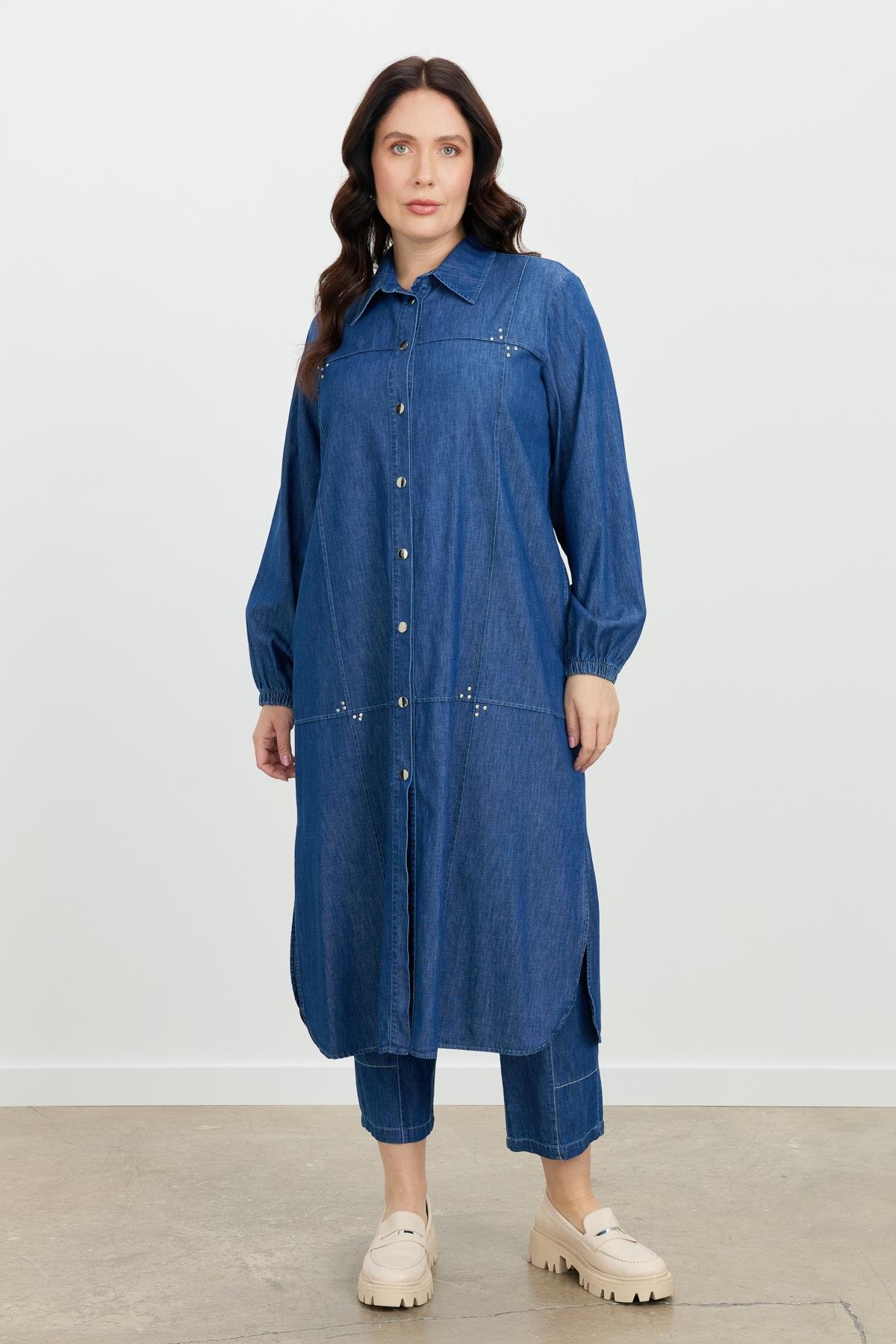 Büyük Beden Düğme Detay Kot Elbise-LACI