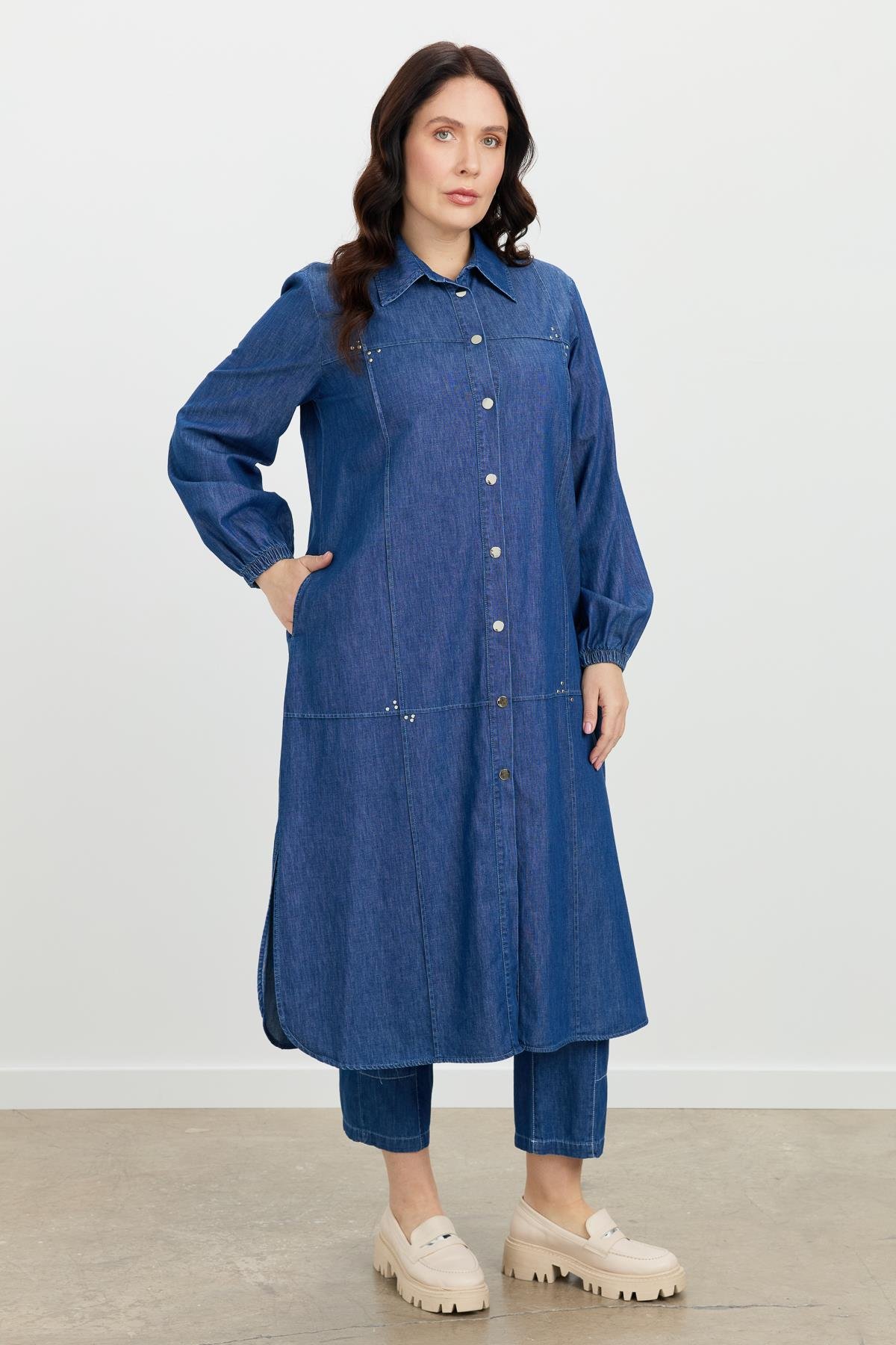 Büyük Beden Düğme Detay Kot Elbise-LACI