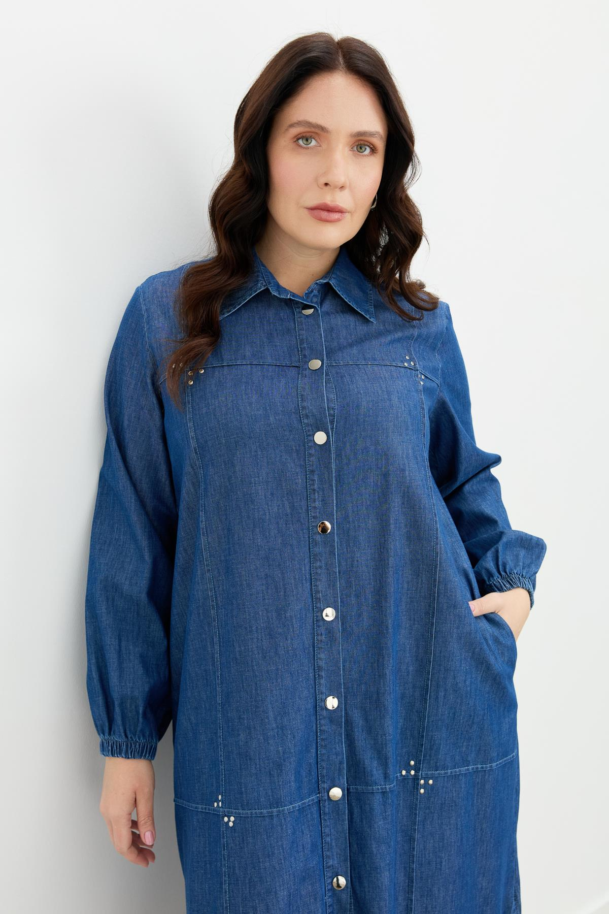 Büyük Beden Düğme Detay Kot Elbise-LACI