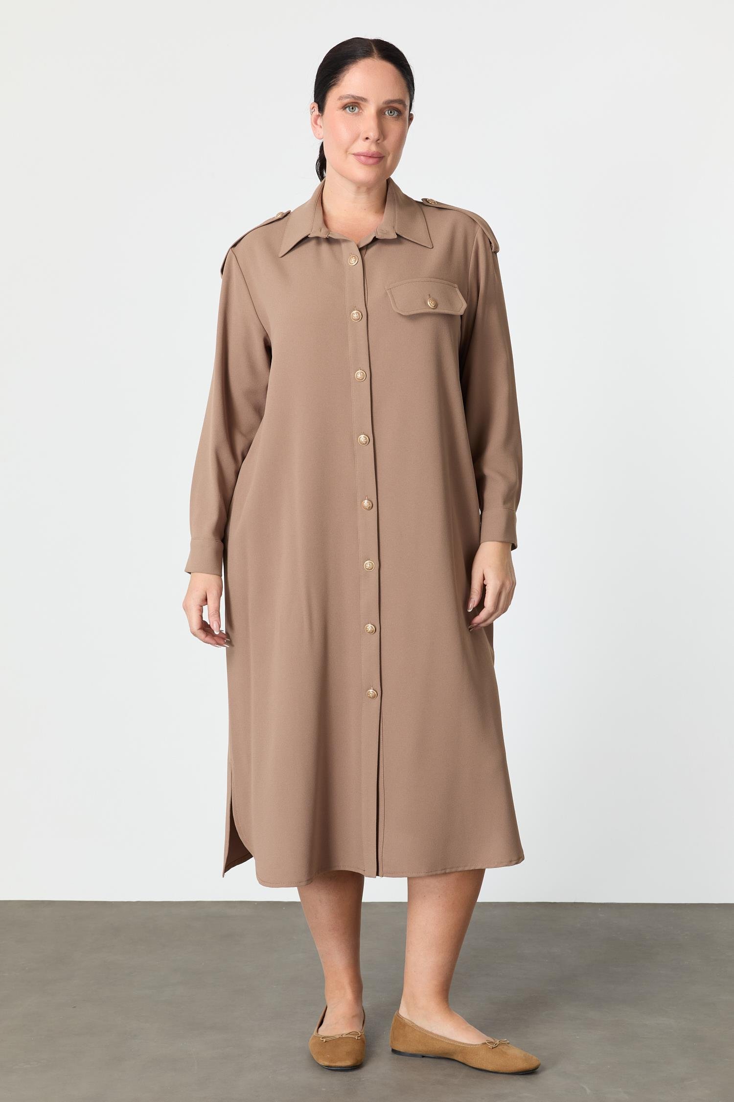 Büyük Beden Düğme Detay Krep Elbise-