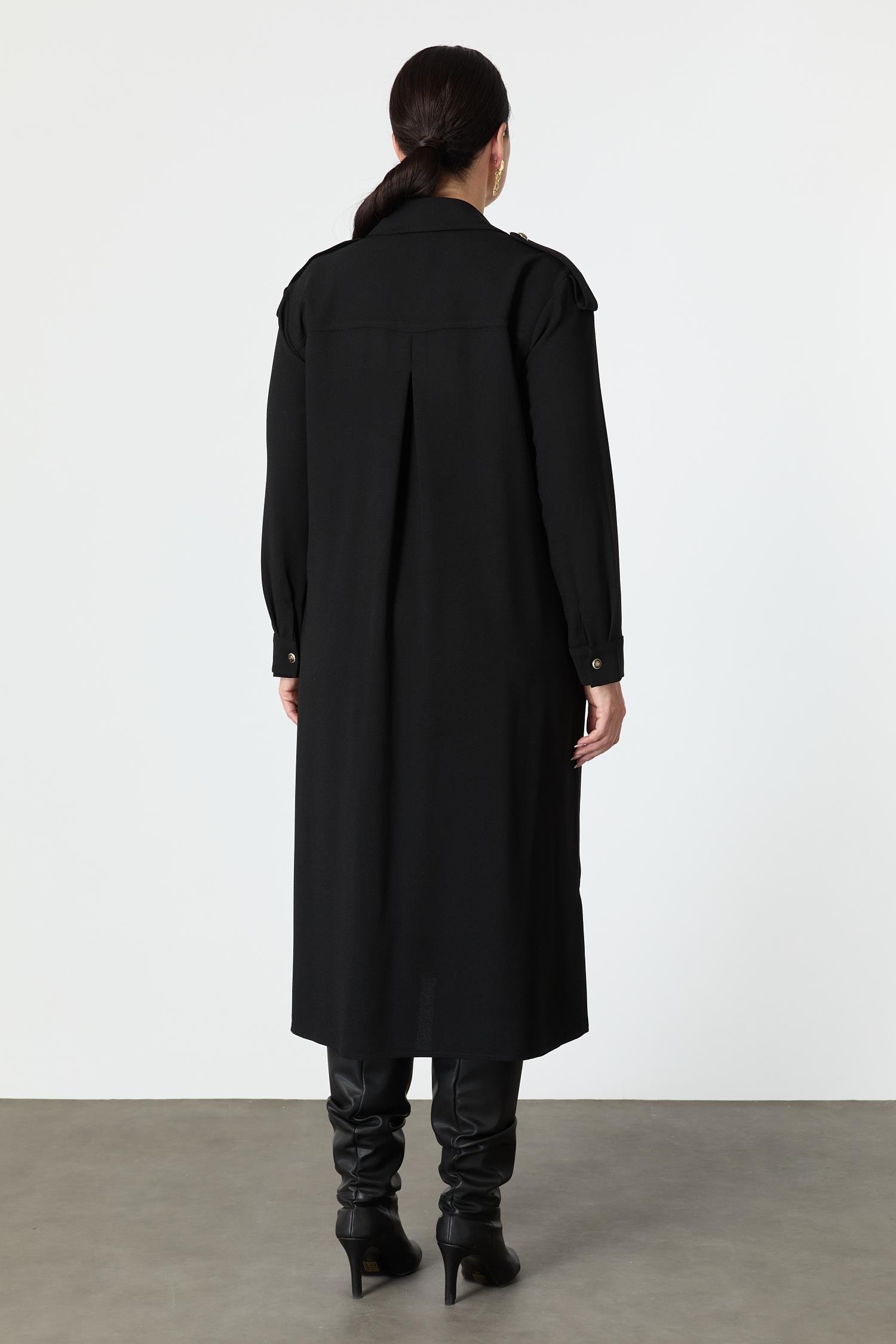 Büyük Beden Düğme Detay Krep Elbise-SİYAH