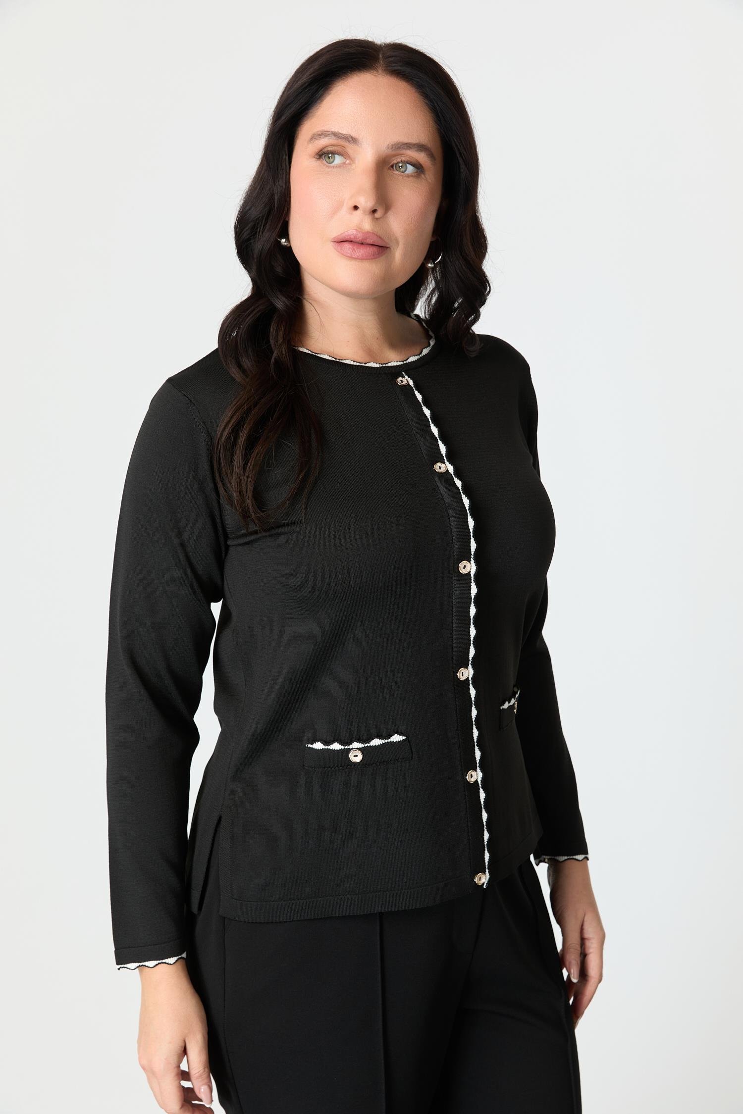 Büyük beden Düğme Detaylı Triko Kazak-SİYAH