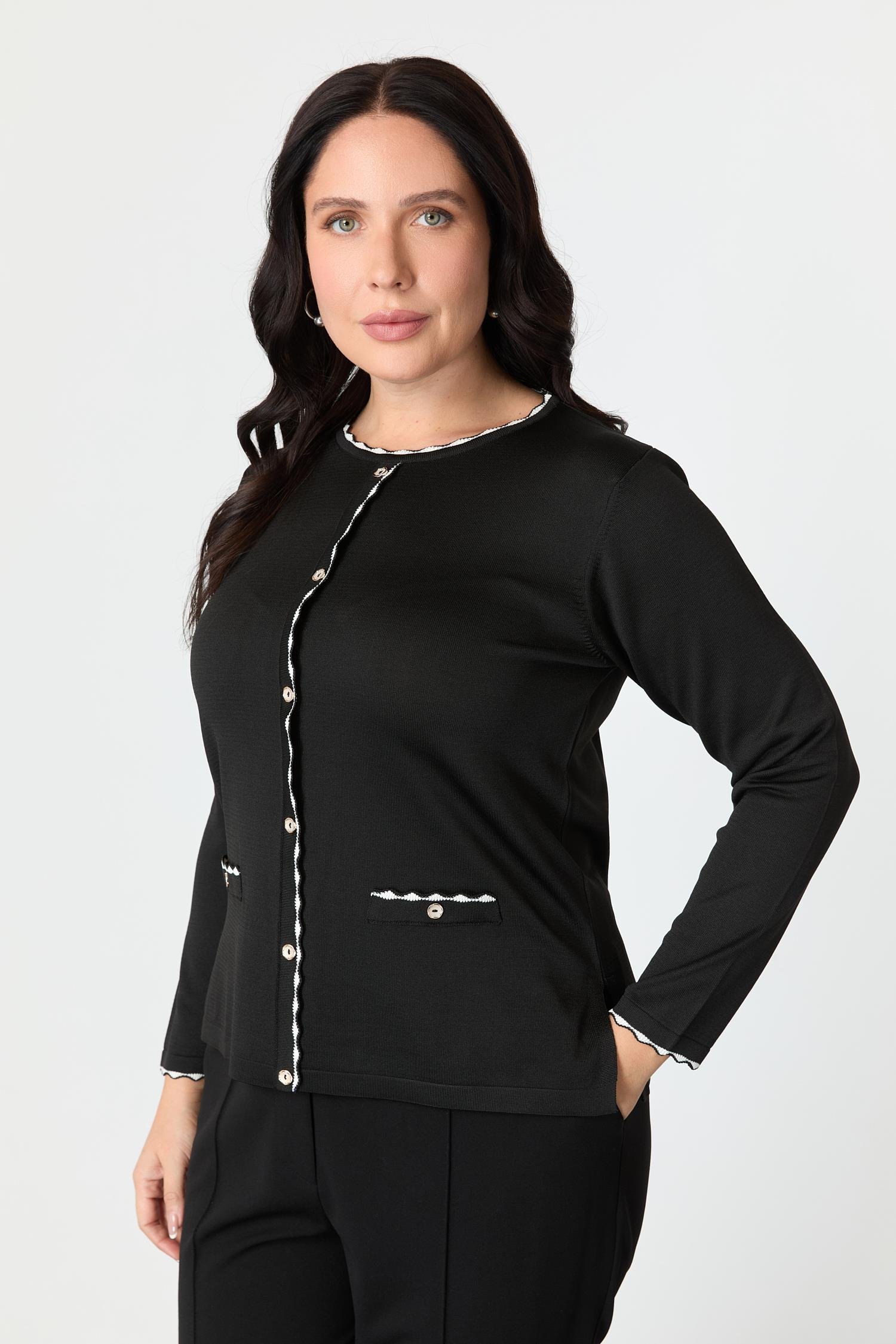 Büyük beden Düğme Detaylı Triko Kazak-SİYAH