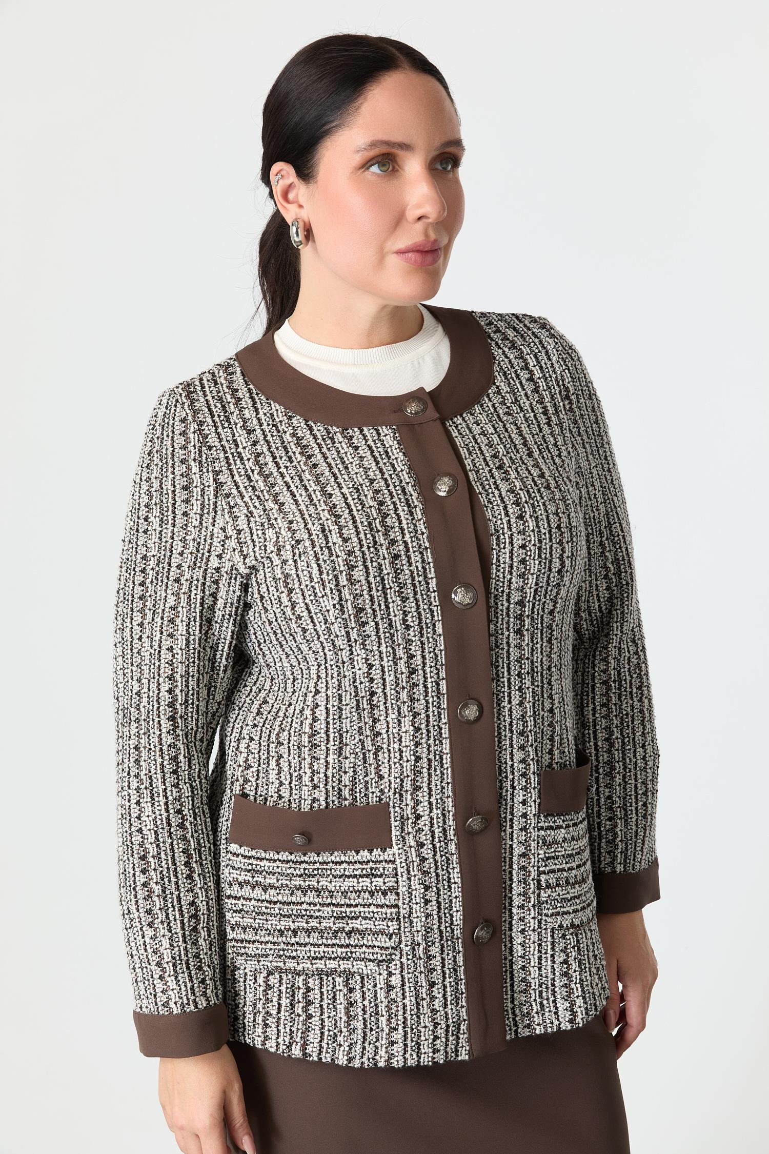 Büyük Beden Düğmeli Ceket-KAHVE