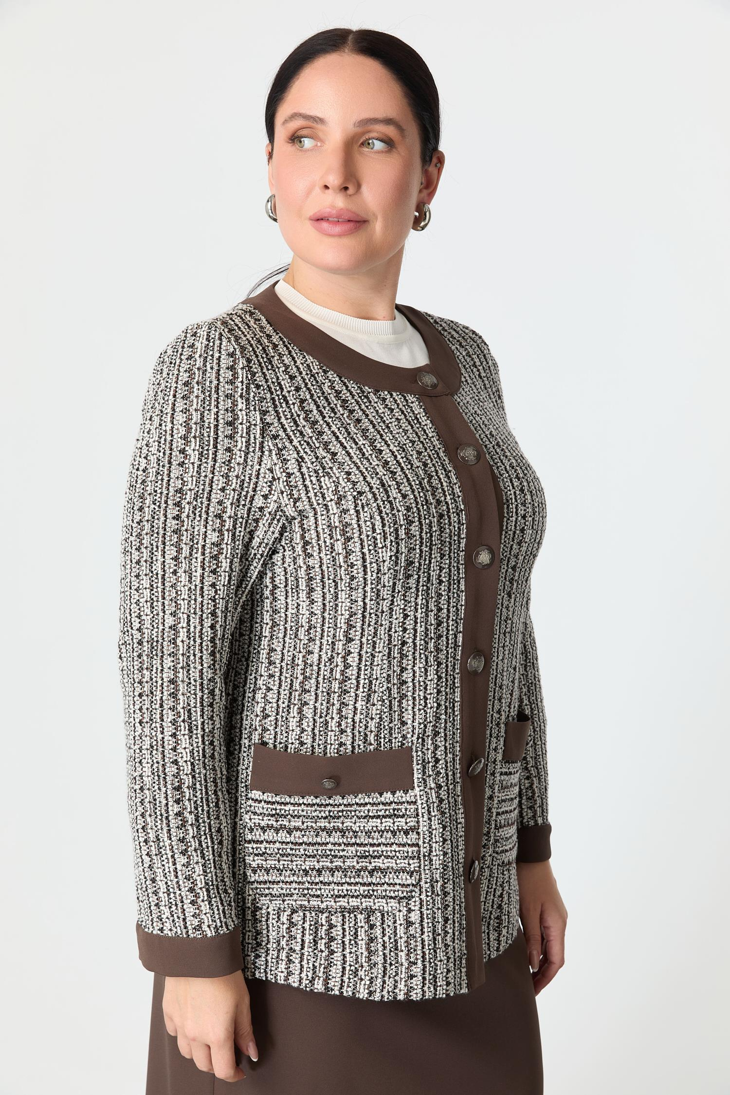 Büyük Beden Düğmeli Ceket-KAHVE