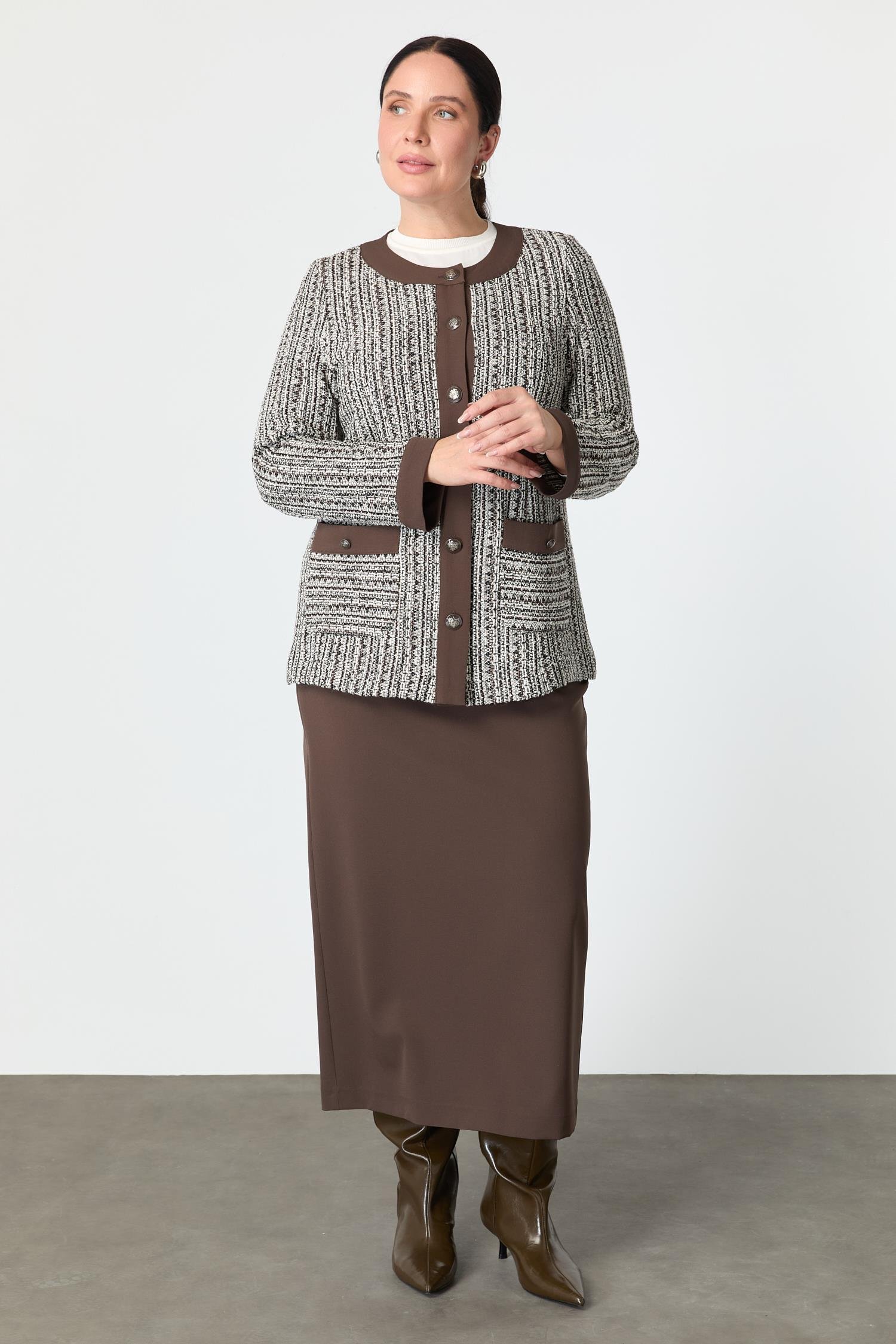 Büyük Beden Düğmeli Ceket-KAHVE