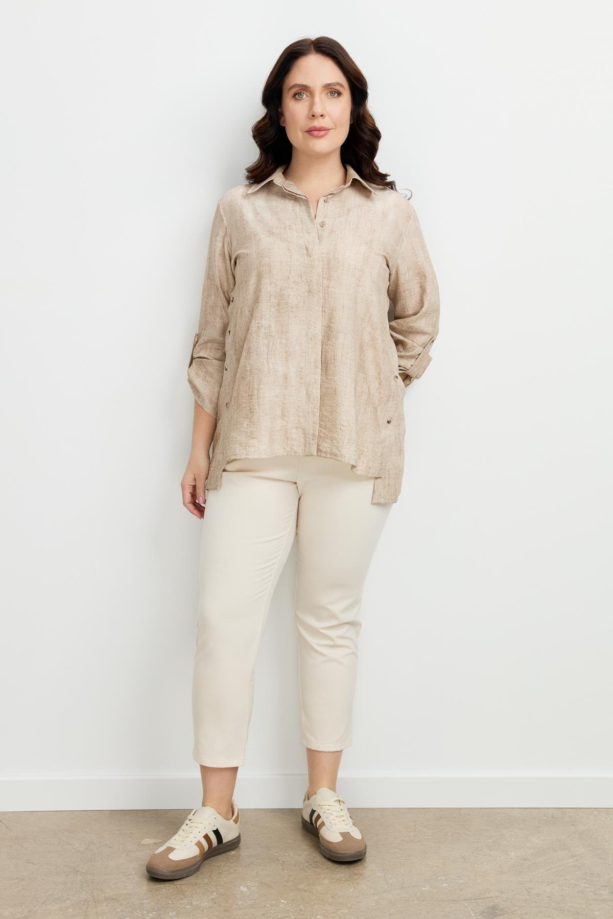 Büyük Beden Eskitme Desen Gömlek-TAŞ