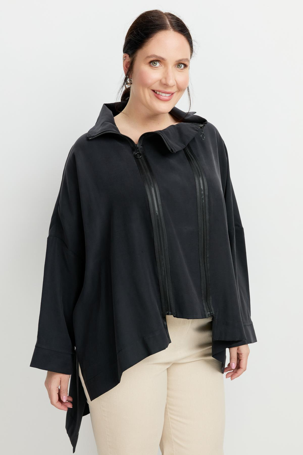 Büyük Beden Fermuar Detaylı Bluz-SİYAH