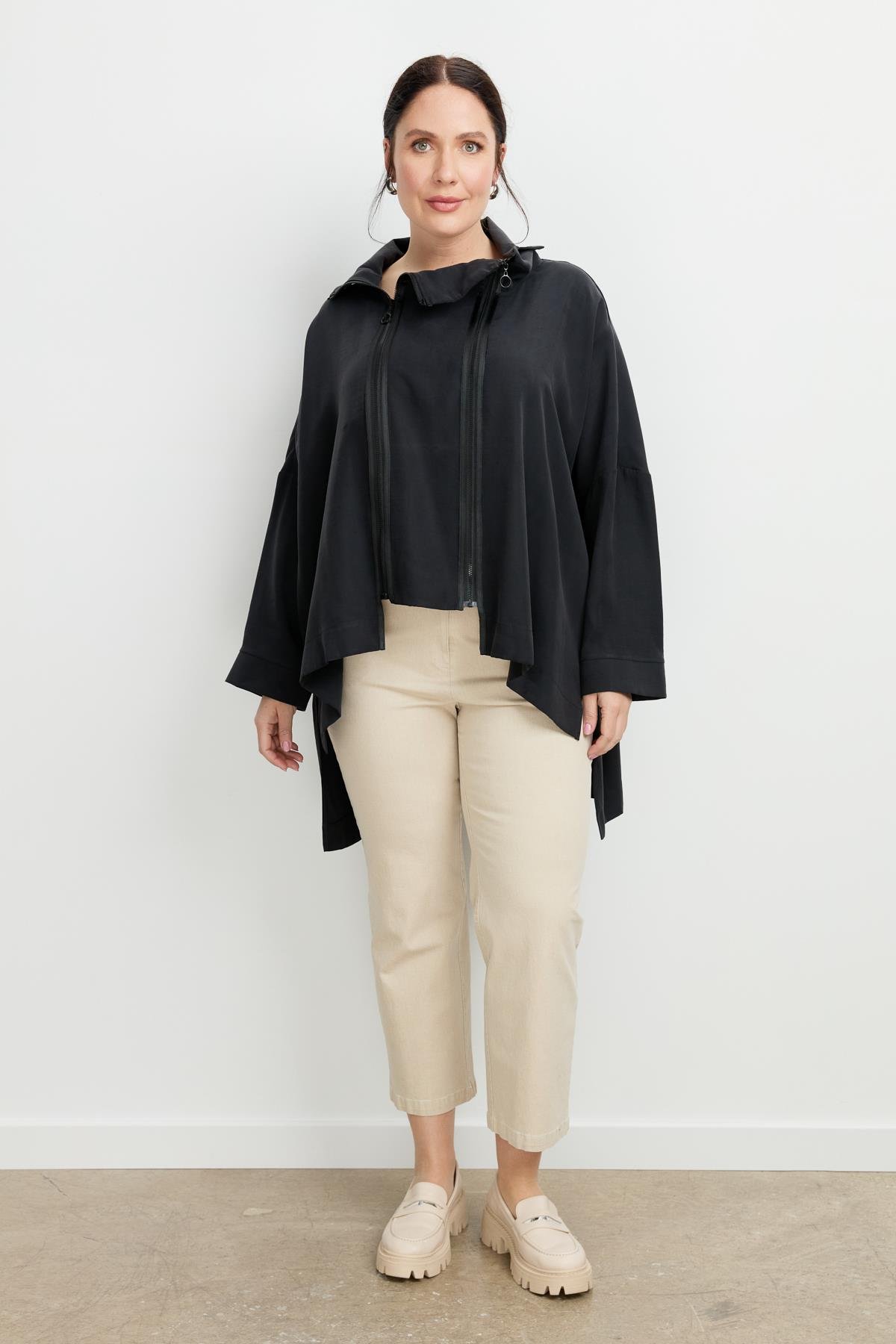 Büyük Beden Fermuar Detaylı Bluz-SİYAH