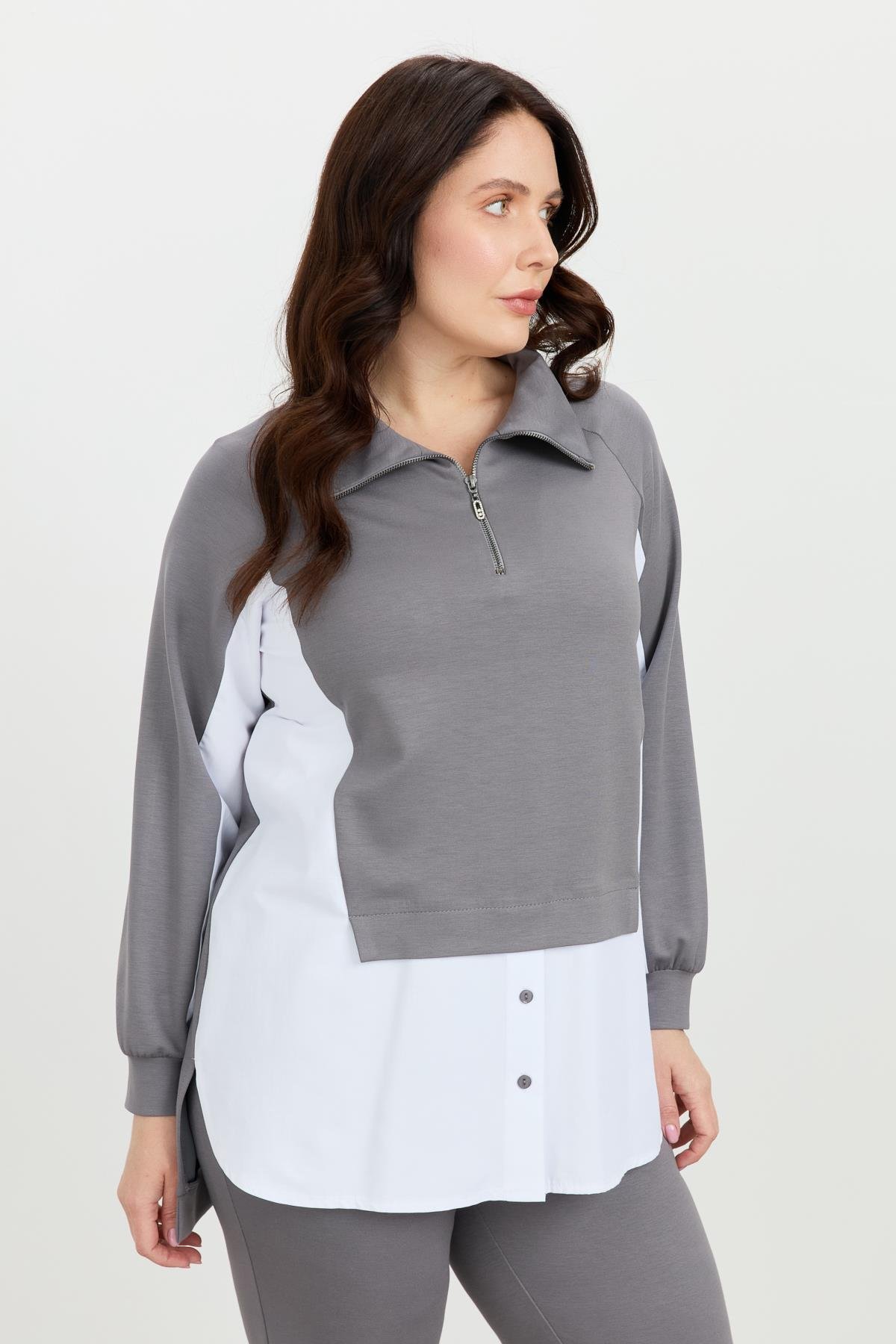 Büyük Beden Fermuar Yaka Sweatshirt-K.GRİ