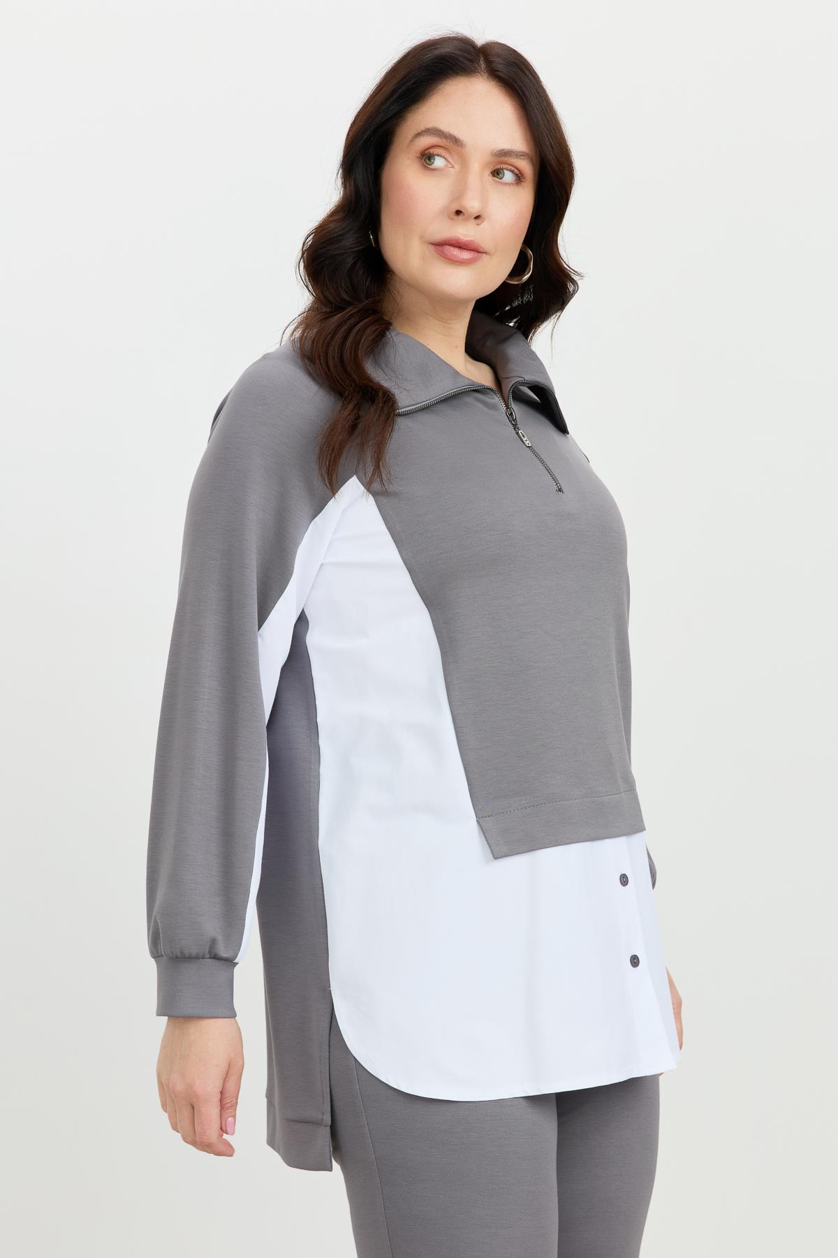 Büyük Beden Fermuar Yaka Sweatshirt-K.GRİ