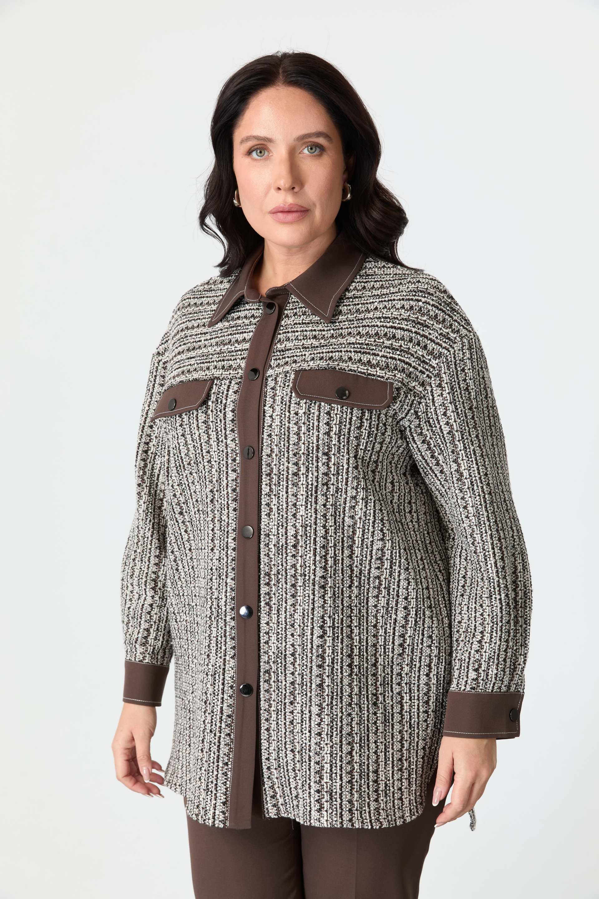 Büyük Beden Garnili Ceket Gömlek-KAHVE