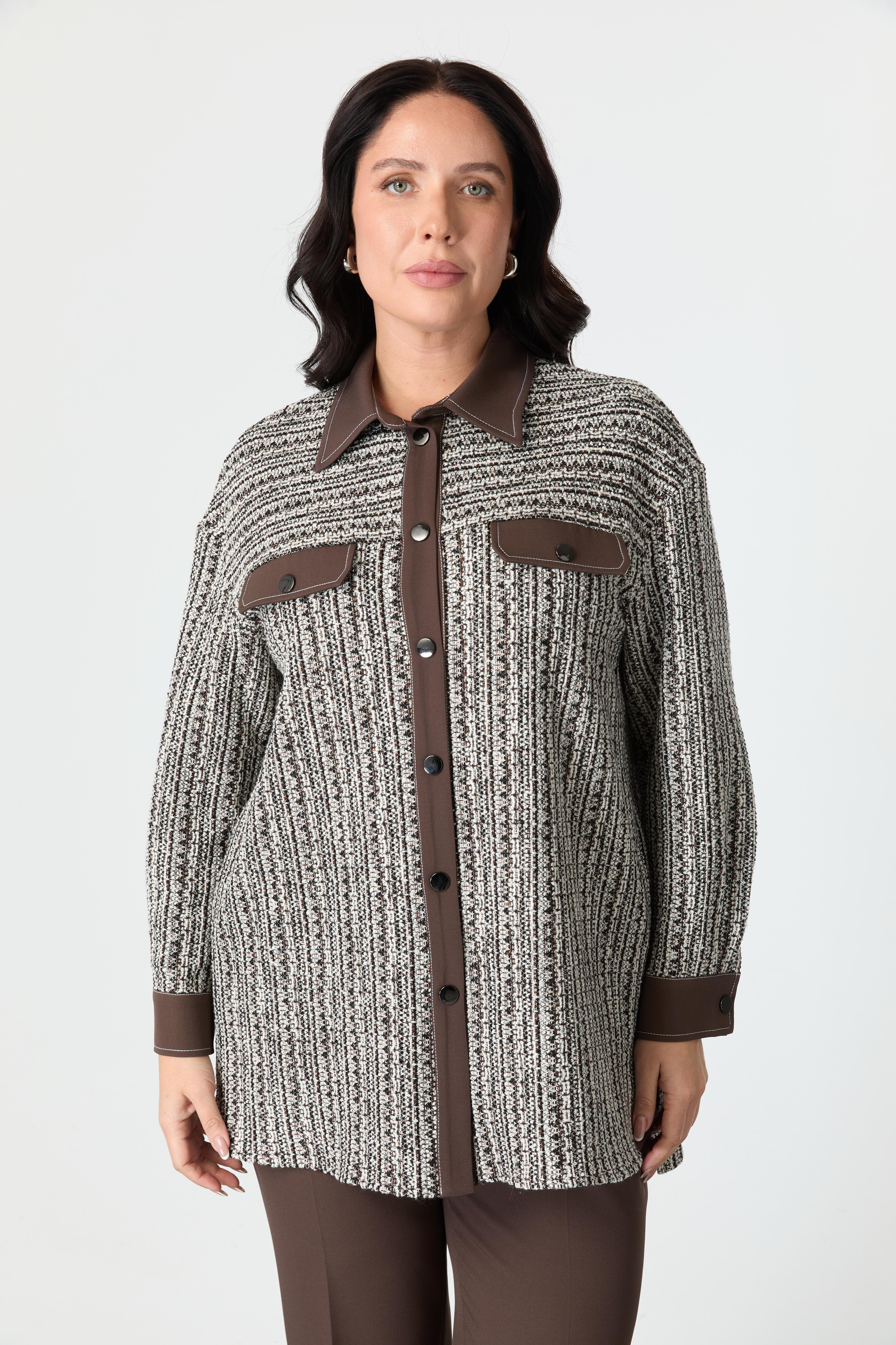 Büyük Beden Garnili Ceket Gömlek-KAHVE