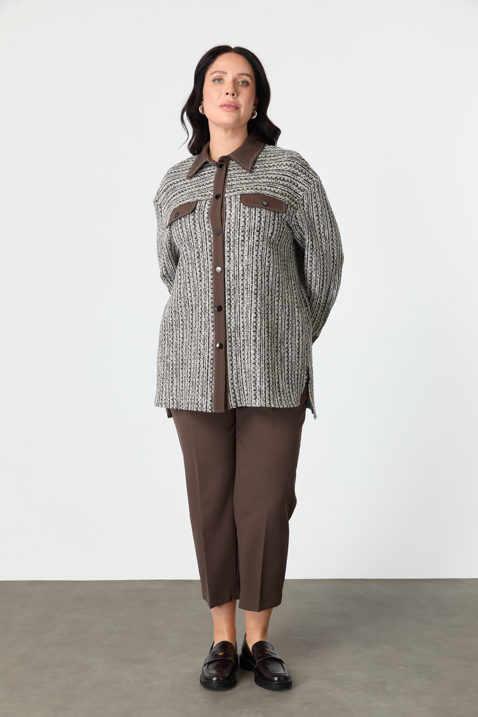 Büyük Beden Garnili Ceket Gömlek-KAHVE