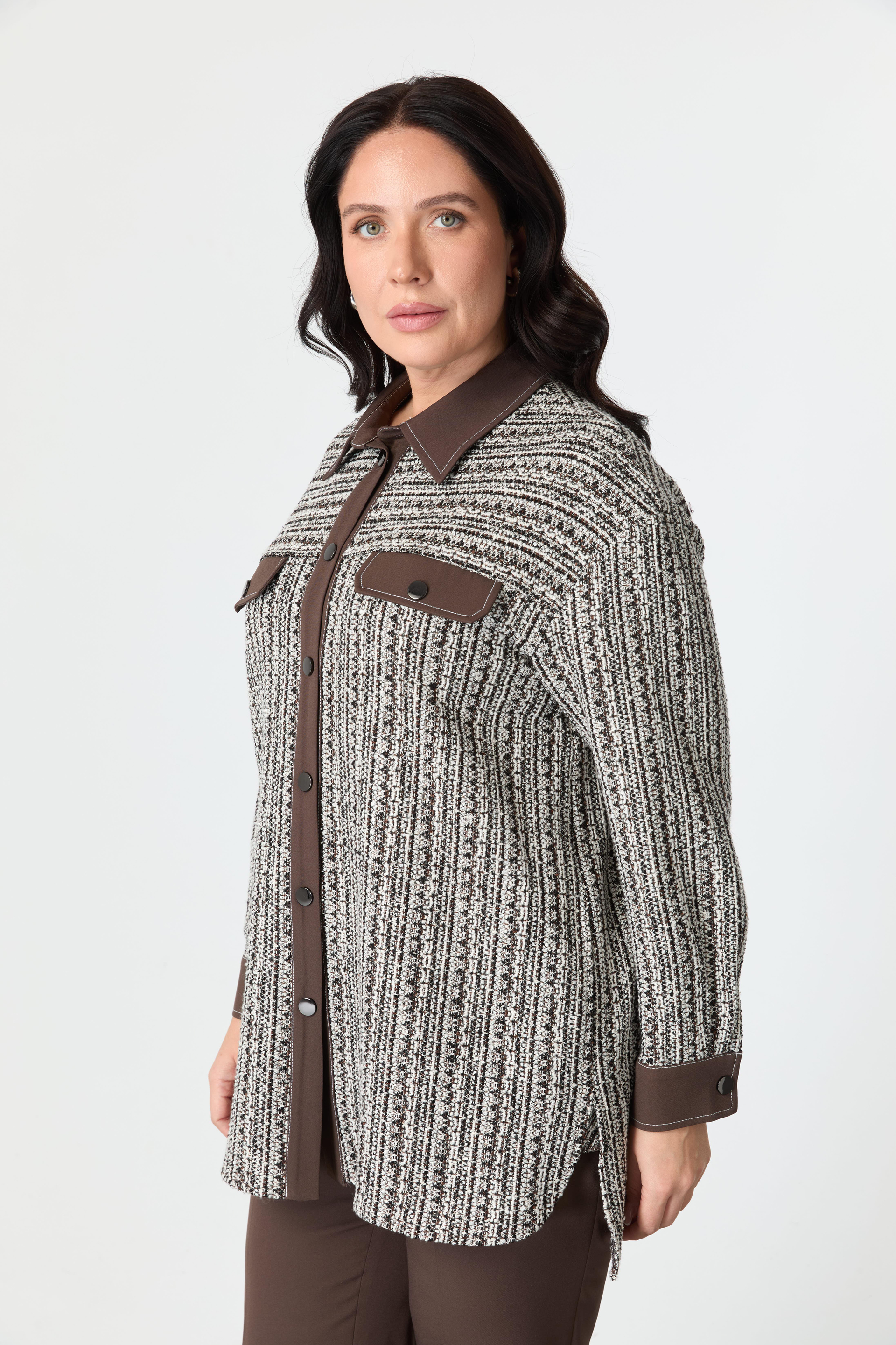 Büyük Beden Garnili Ceket Gömlek-KAHVE