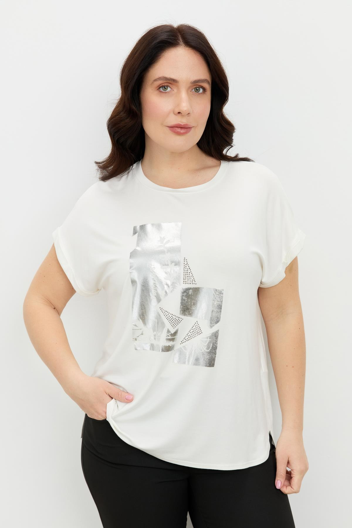 Büyük Beden Gümüş Baskı Bluz-KEMIK