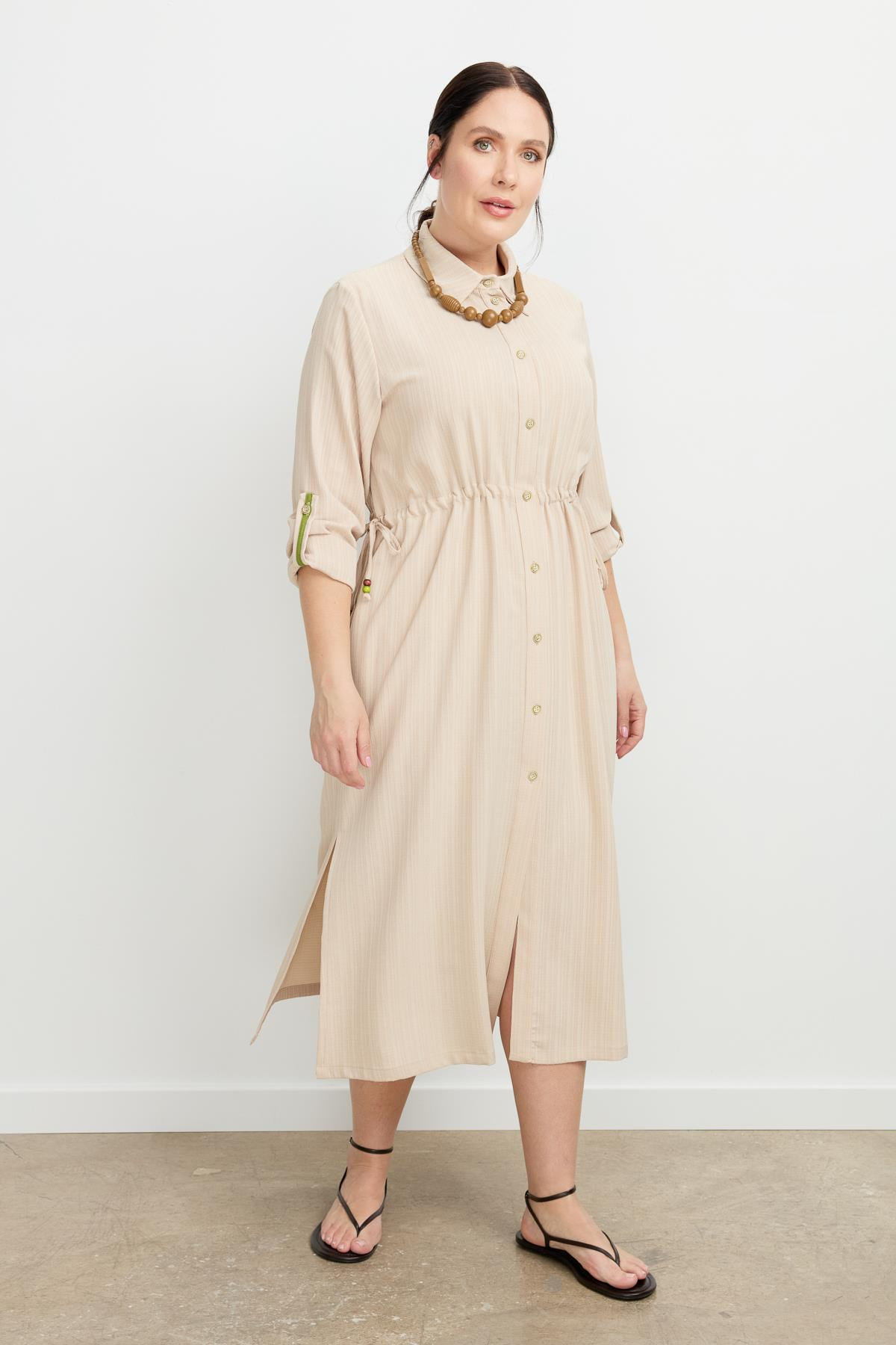 Büyük Beden İplikli Uzun Elbise-BEJ