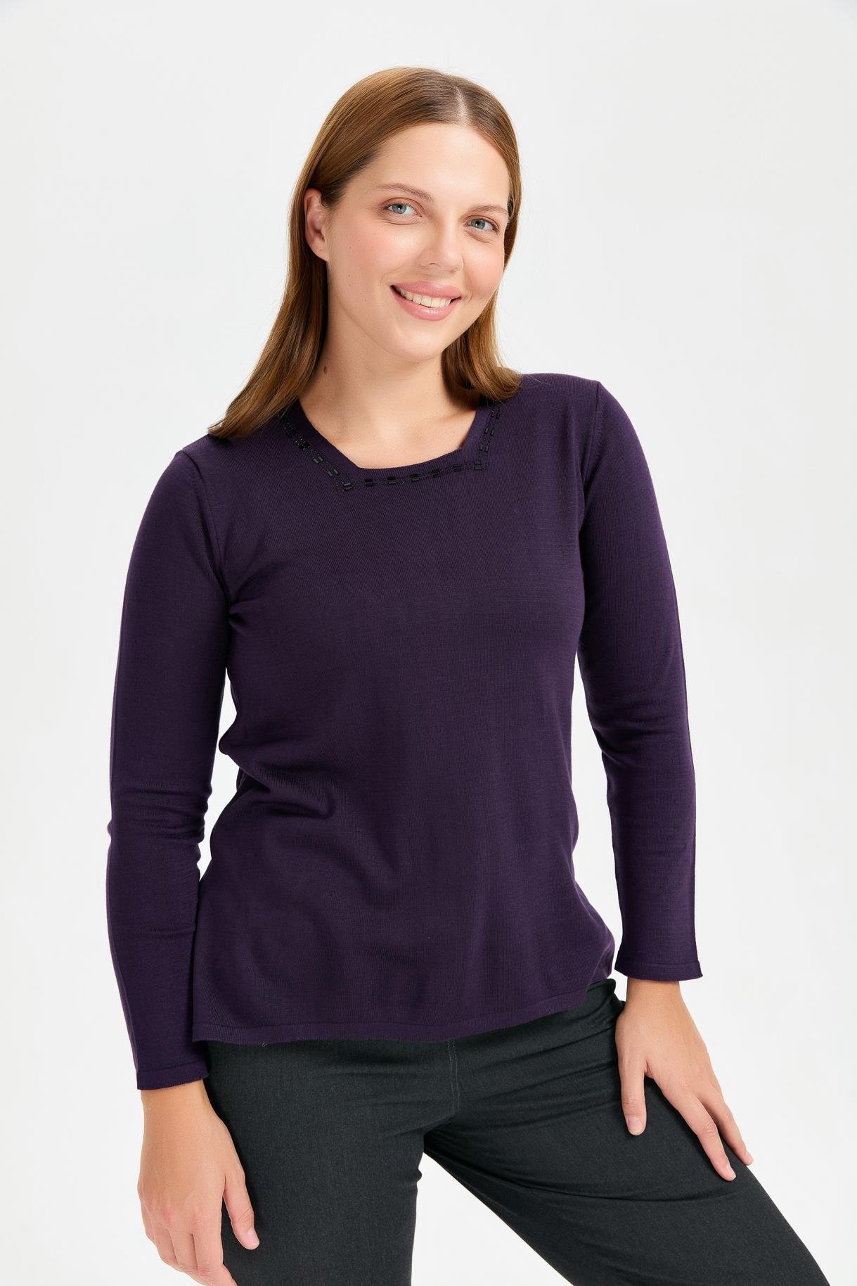 Büyük Beden Kare Yaka Taşlı Triko Bluz - MOR