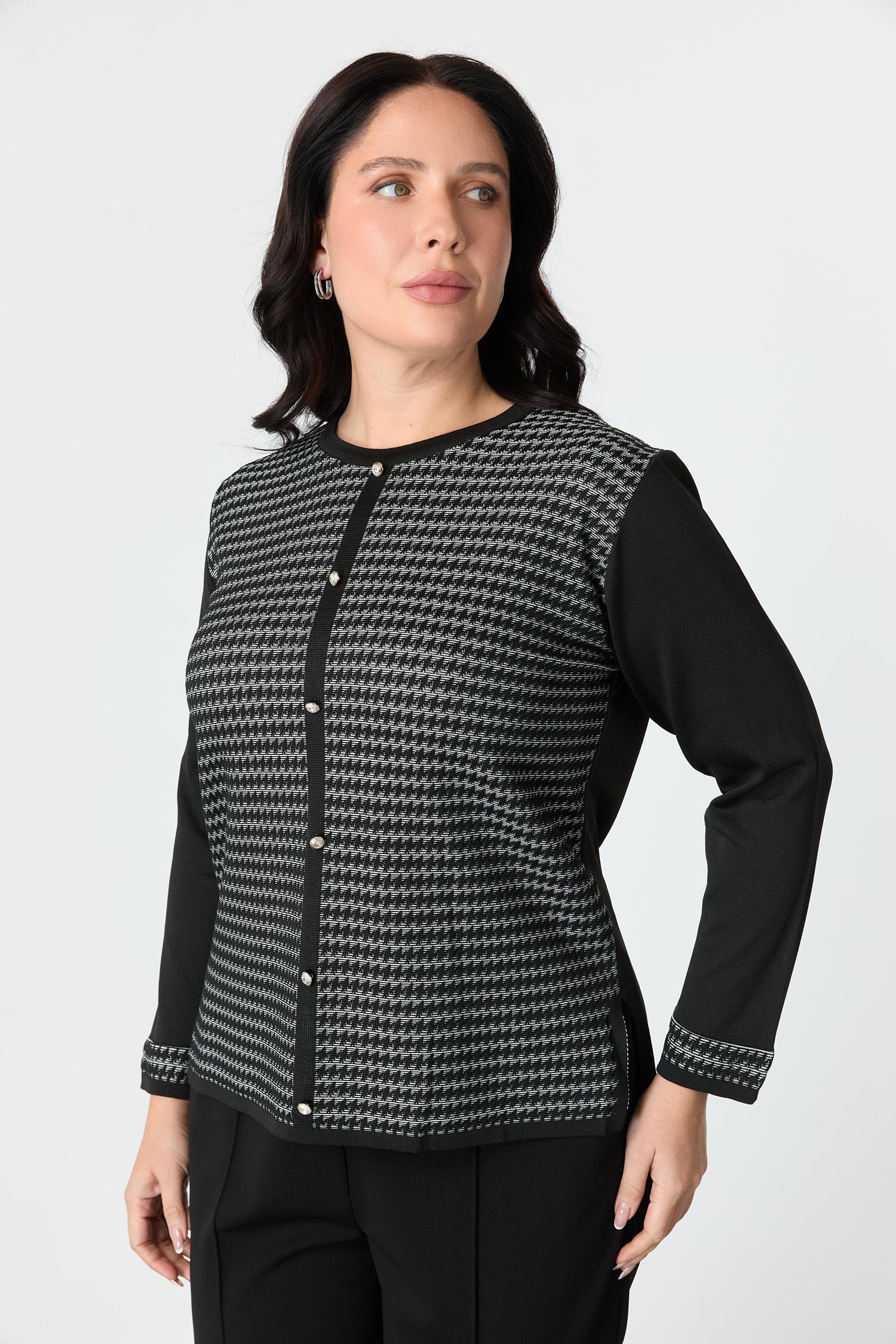 Büyük Beden Kazayağı Desenli Triko Hırka-SİYAH