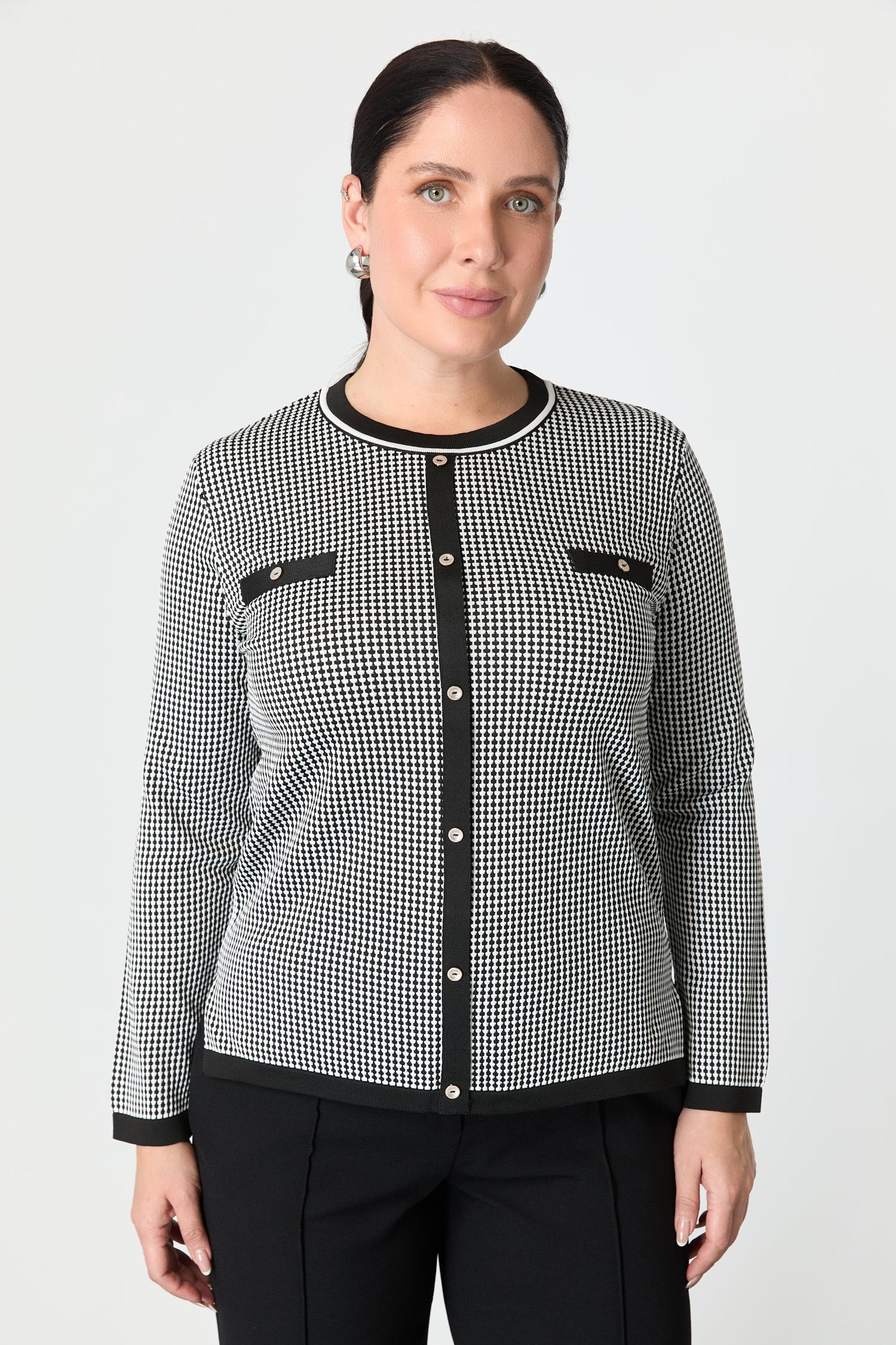 Büyük Beden Kazayağı Desenli Triko Kazak-SİYAH