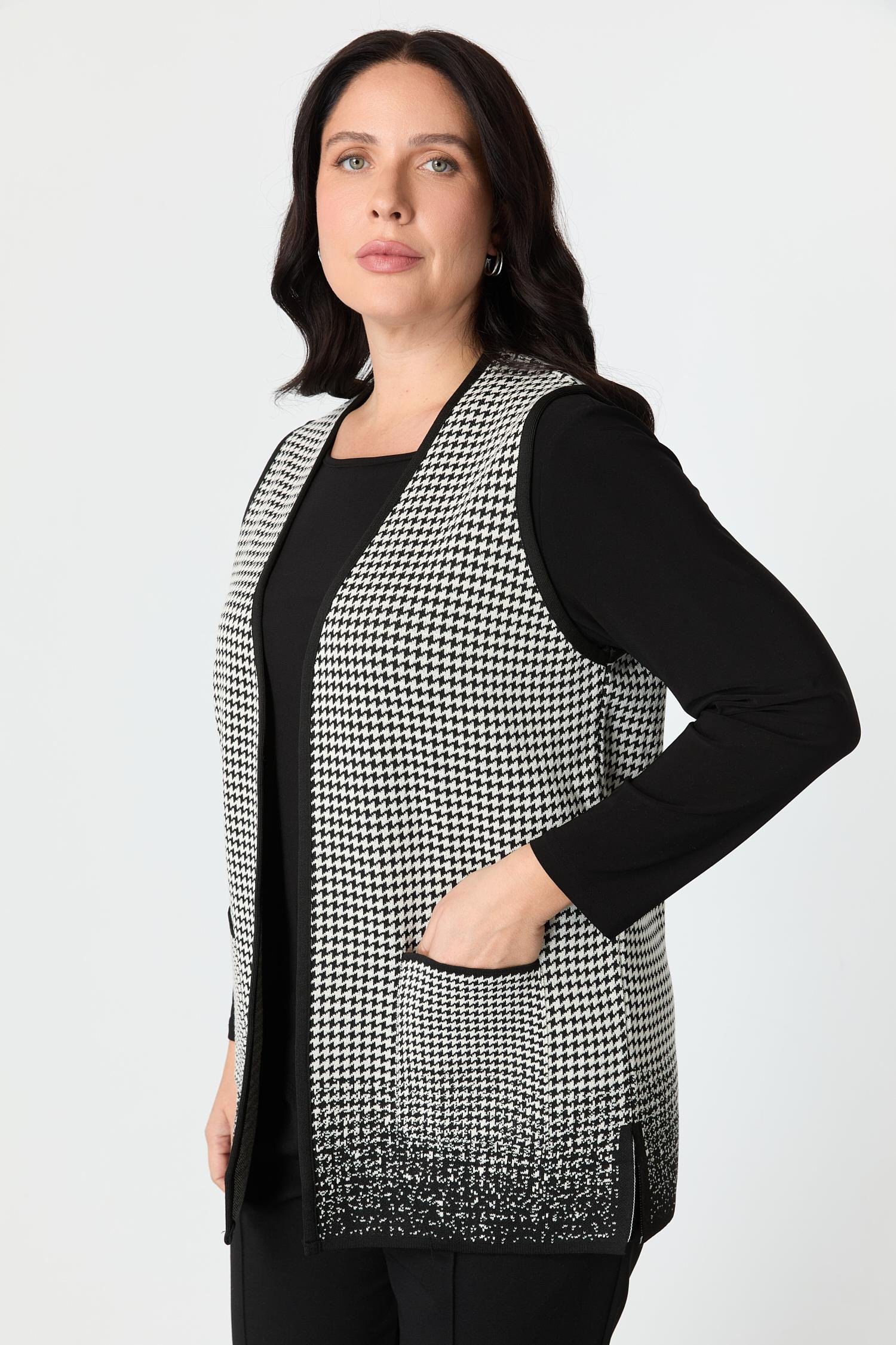 Büyük Beden Kazayağı Desenli Yelek-SİYAH