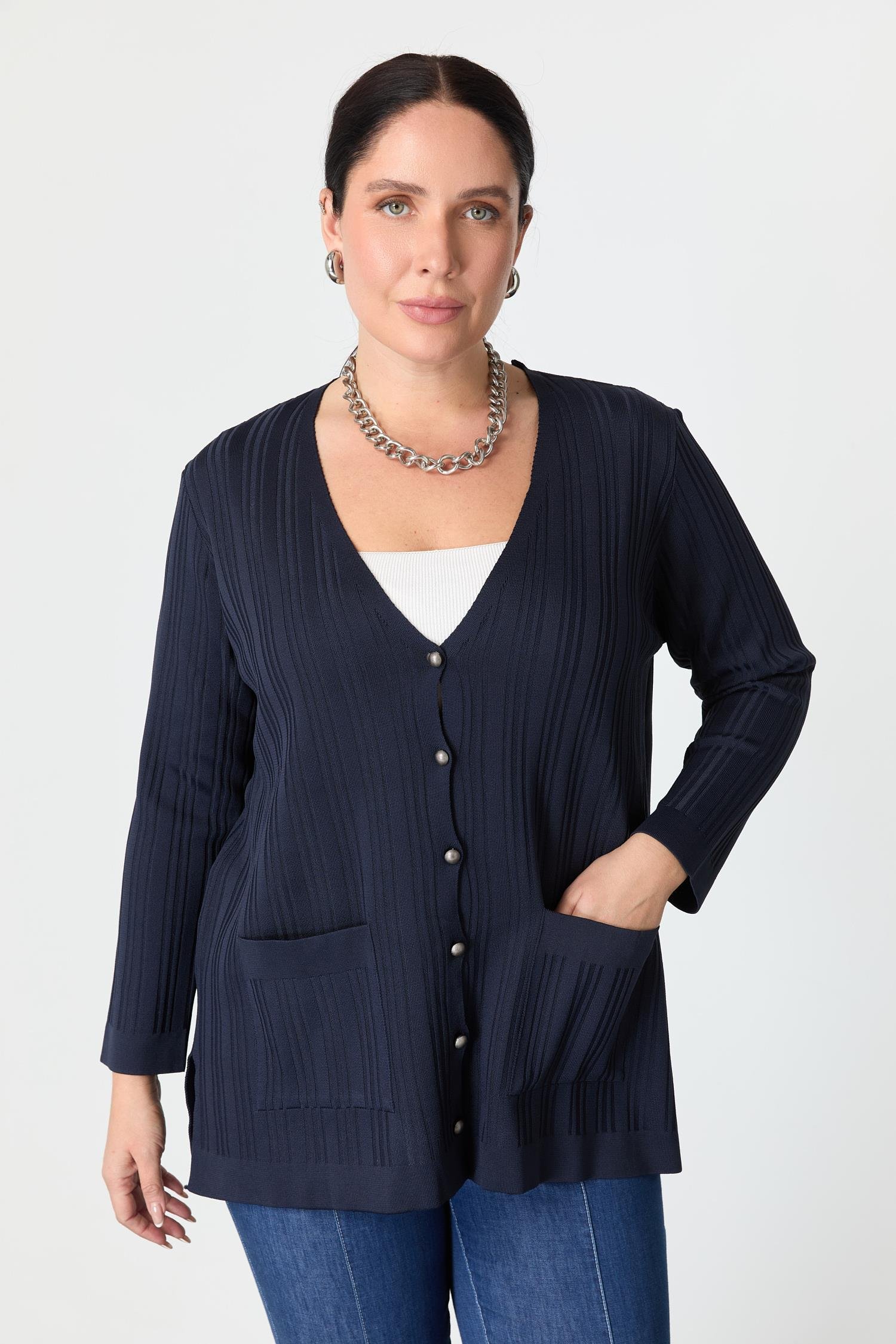 Büyük Beden Kendinden Desenli Triko Hırka-LACI