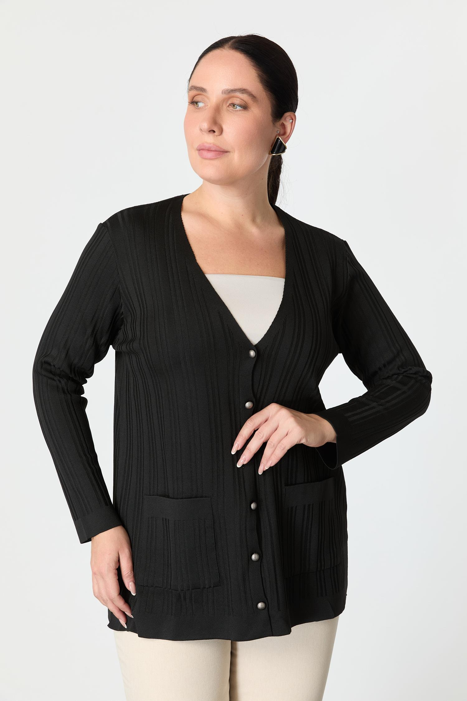 Büyük Beden Kendinden Desenli Triko Hırka-SİYAH