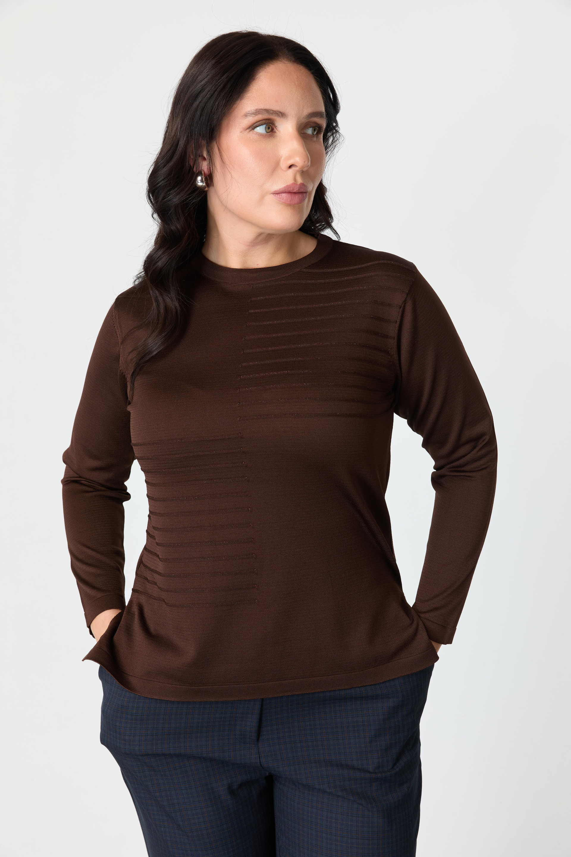 Büyük Beden Kendinden Desenli Triko Kazak-KAHVE