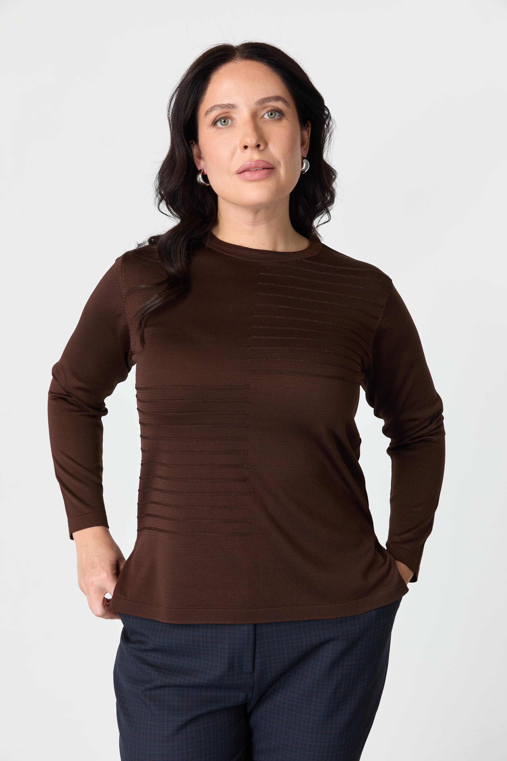 Büyük Beden Kendinden Desenli Triko Kazak-KAHVE