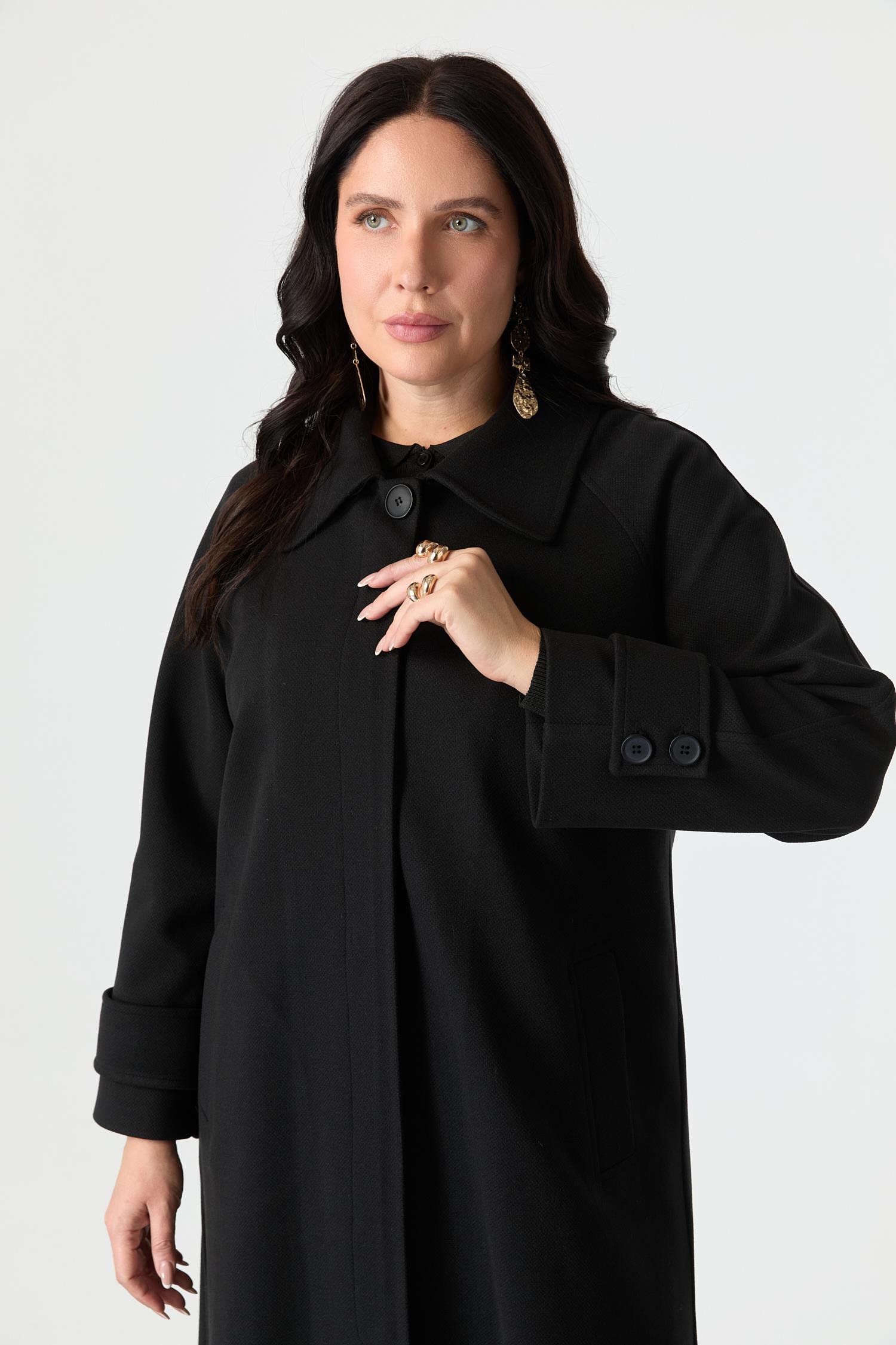 Büyük Beden Kol Detaylı Uzun Kaban-SİYAH