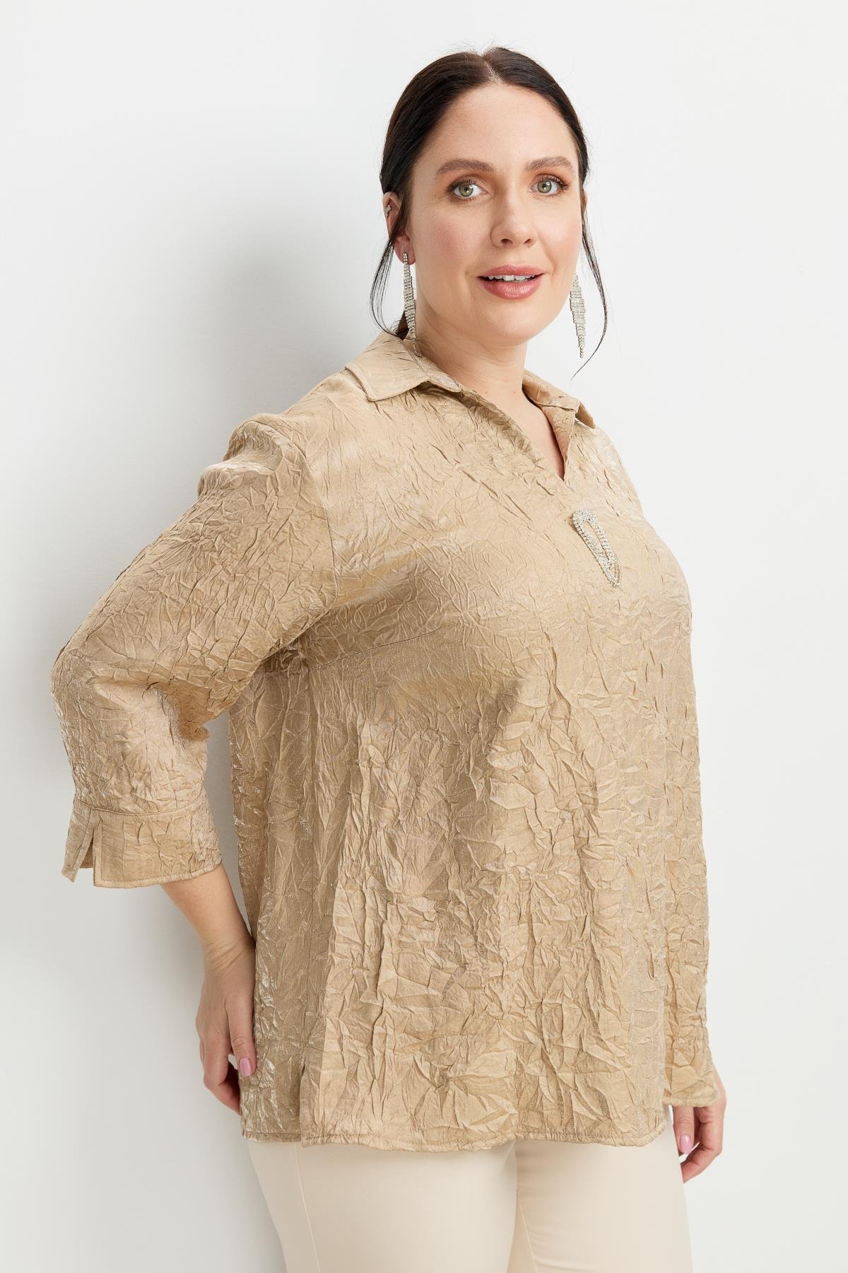 Büyük Beden Kraşlı Gömlek-BEJ