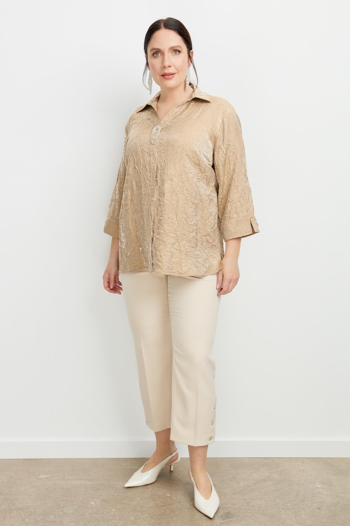 Büyük Beden Kraşlı Gömlek-BEJ