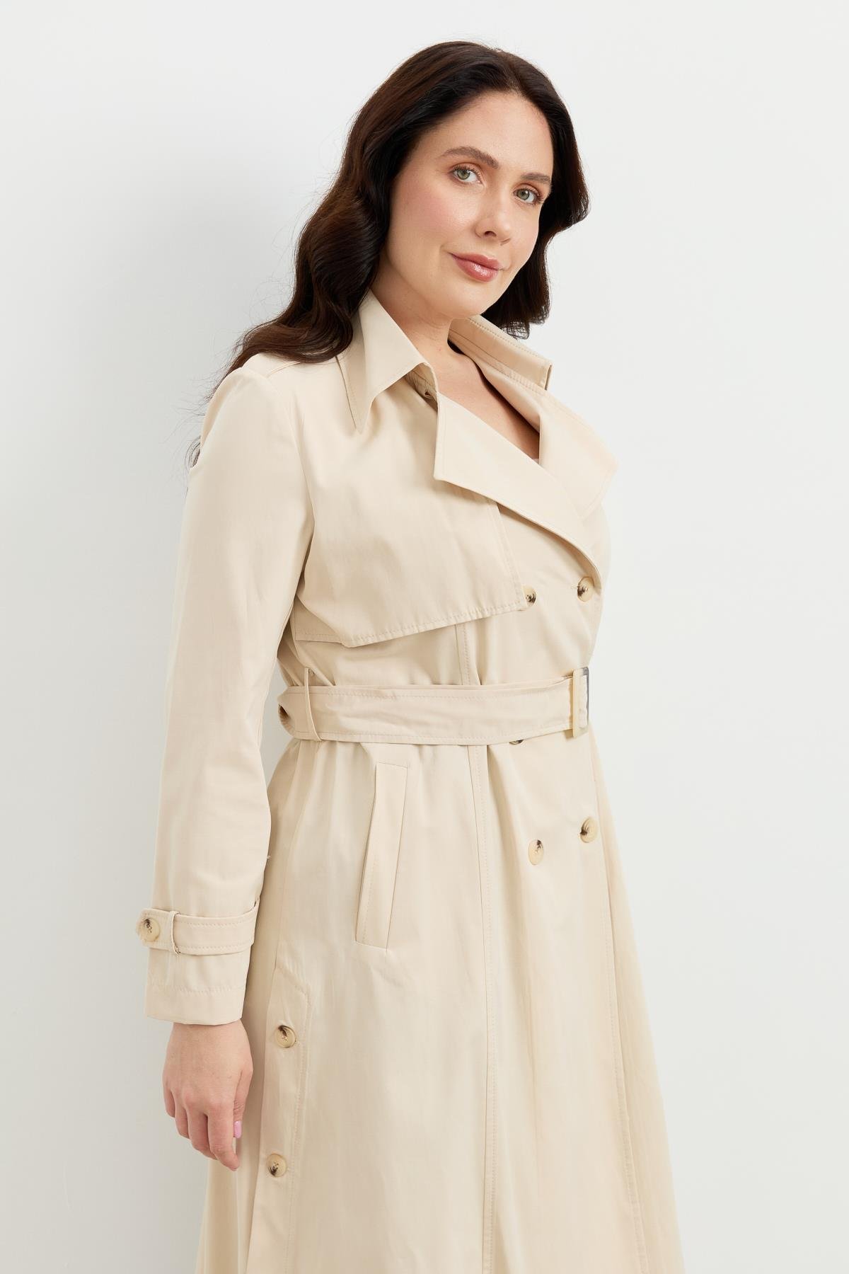 Büyük Beden Kruvaze Yaka Trençkot-BEJ